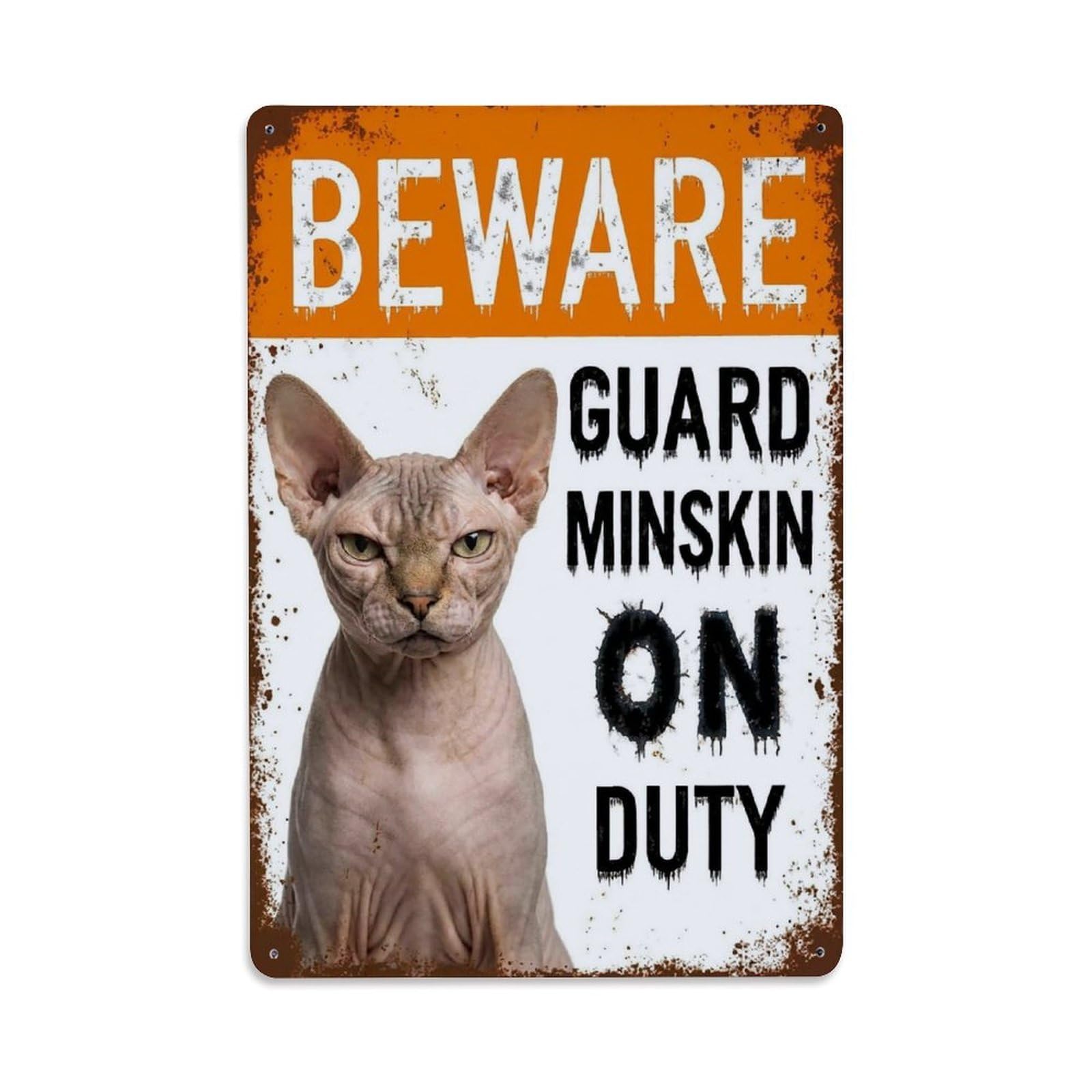 Vintage Funny Minskin Guard Beware of Cat Pathway Metal Tin Sign Plaque Wall Decor for Cafe, Club Bar, Office, Garden Metal Poster 8x12Inch