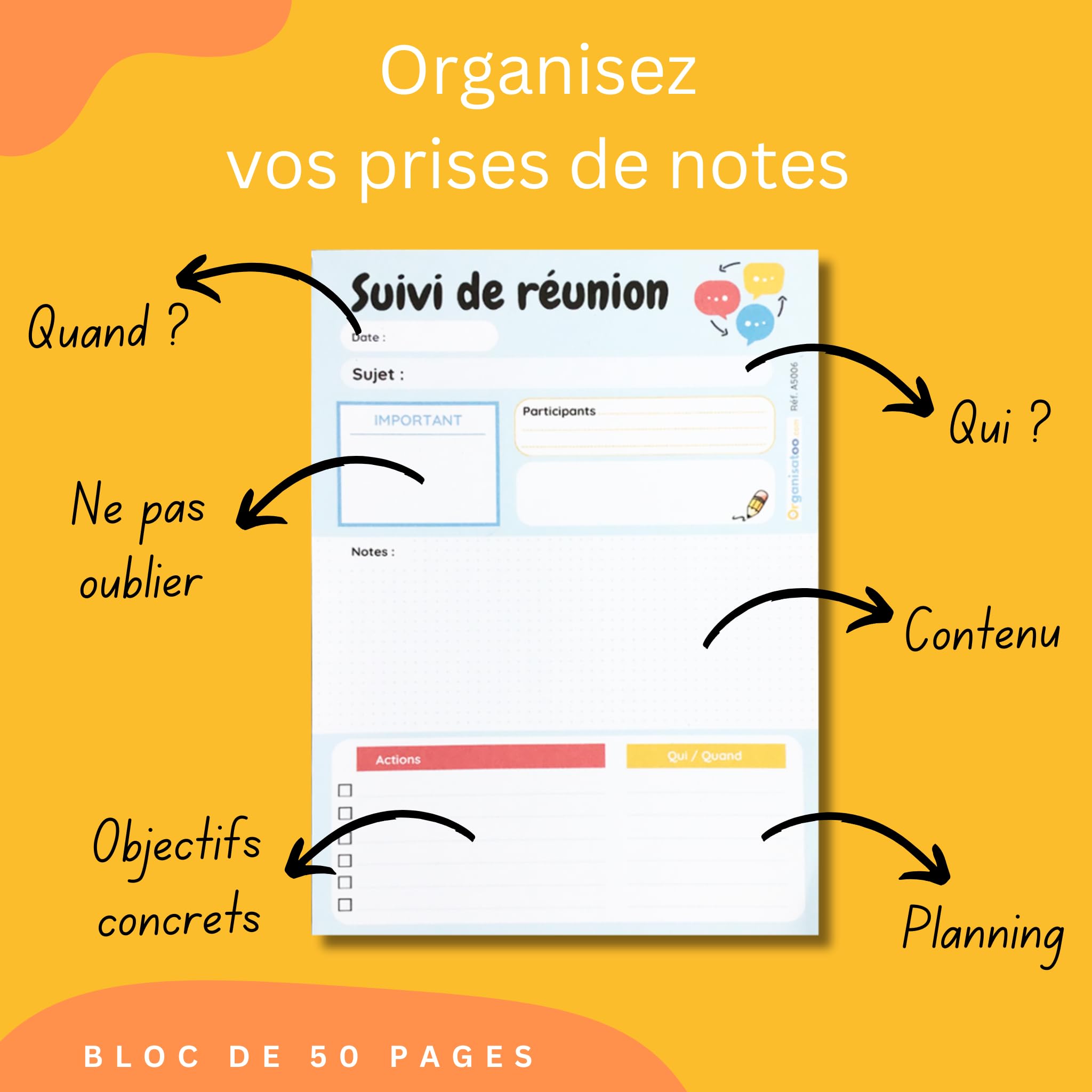 Bloc-notes suivi de réunion A5 50 pages détachables pour équipe managers entrepreneurs