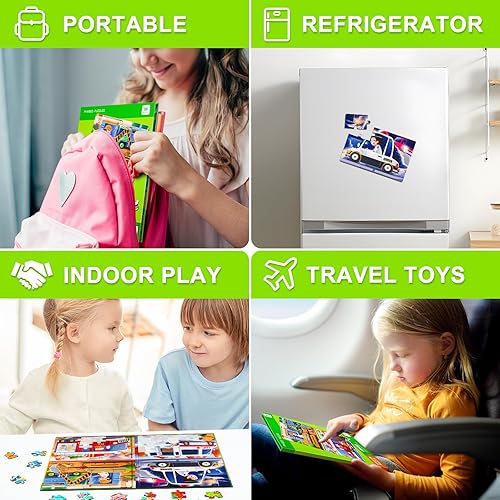 Miniatura 7 de Rompecabezas magnéticos para niños de 2 a 4 años, patrones de ambulancia de automóvil, libro magnético tamaño A4, rompecabezas de viaje para niños,