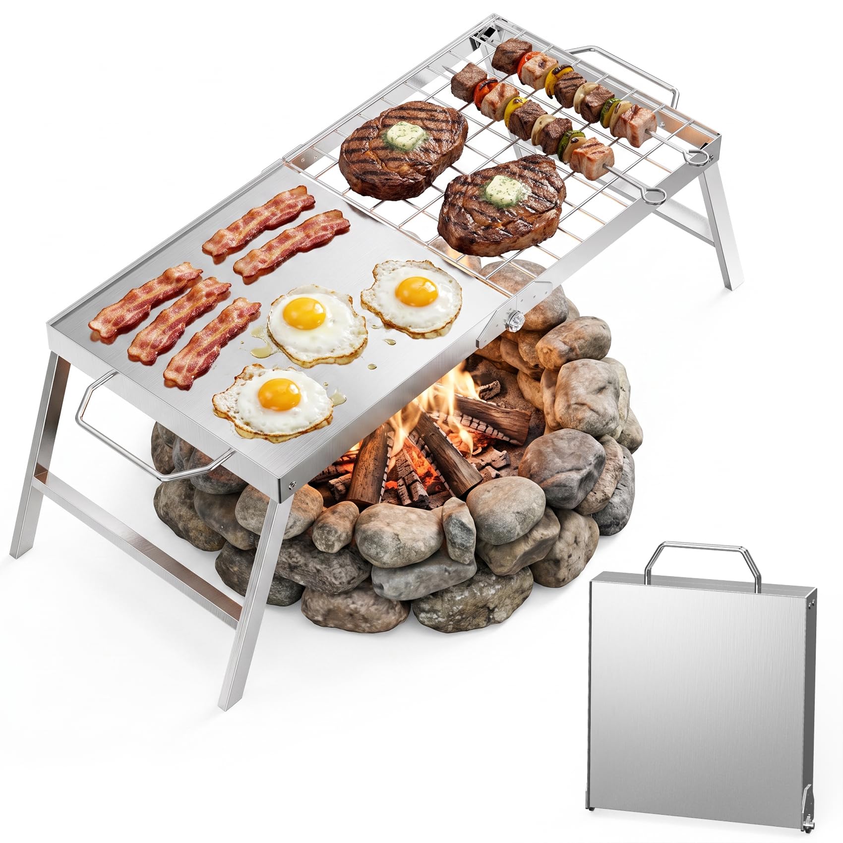 onlyfire Barbecue de Camping Pliable 2-en-1 en Acier Inoxydable | Plancha et Grille pour Feu de Camp, Format Valise, Charge 20 kg, Sans Montage, 60 × 28 × 24 cm