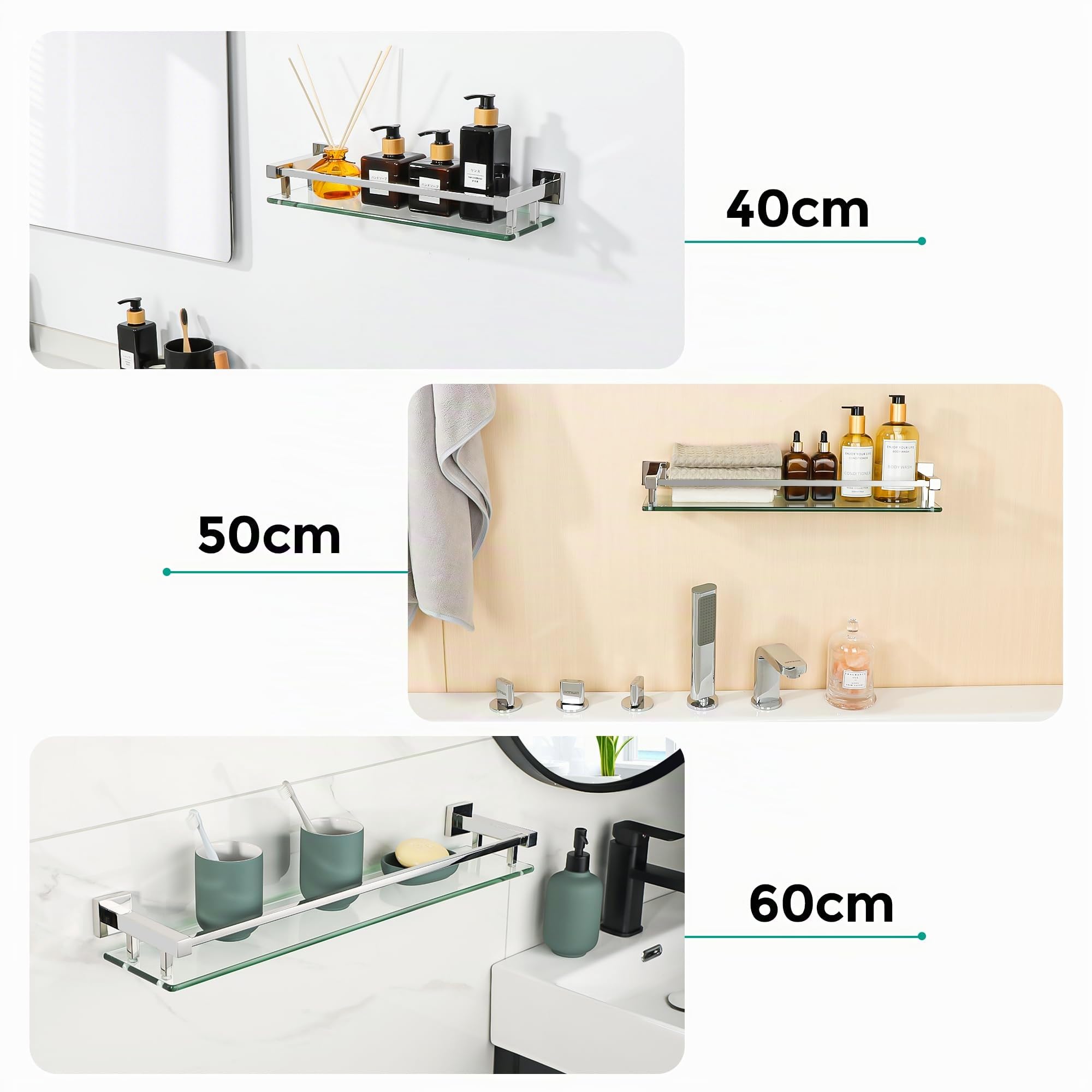 SAYAYO Estanteria Baño, Estanteria Ducha Cristal Pared Accesorios Baño Champú Organizador Baño Pulido Acero Inoxidable Soporte de Ducha de Vidrio para Baño 412mm x 130mm x 70mm, EGC2000-40-C