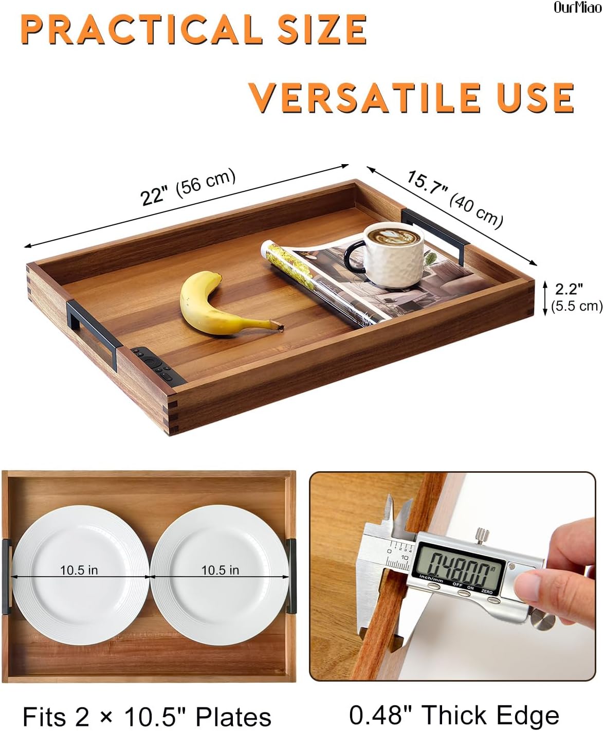 22 Inches Acacia Wood Serving Tray with Metal Handles, Extra Large Rectangular Wooden Ottoman Tray for Living Room, Coffee Table, Coffee Station, Kitchen & Hosting - Image 4