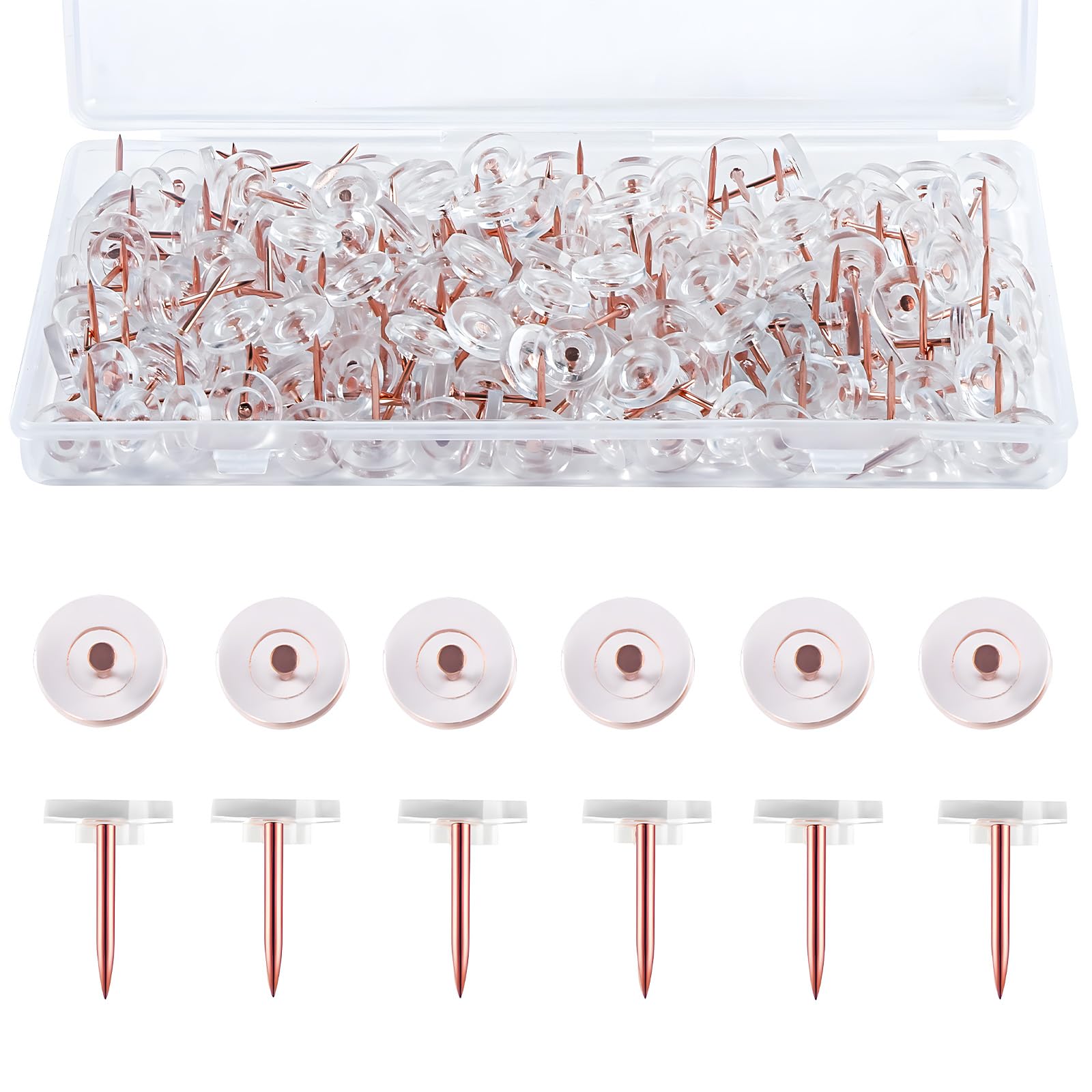 VAPKER 200 stuks platte duimspijkers doorzichtige pushpins transparante pushpins standaard plastic kop en roségoud stalen punt voor kurkbord, kaarten, muur opknoping thuiskantoor school decoratief