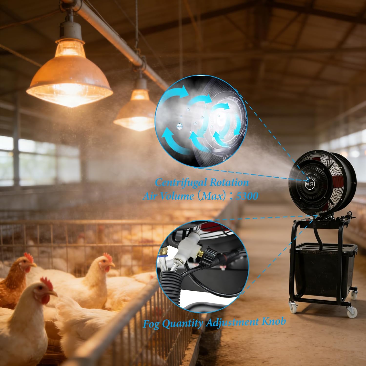 300W Industrial Misting Fan 8m Range High Velocity Water Spray Cooler Adjustable Fog Steel Blades 26ft for Warehouse Factory Barn Livestock Cooling with Wheels