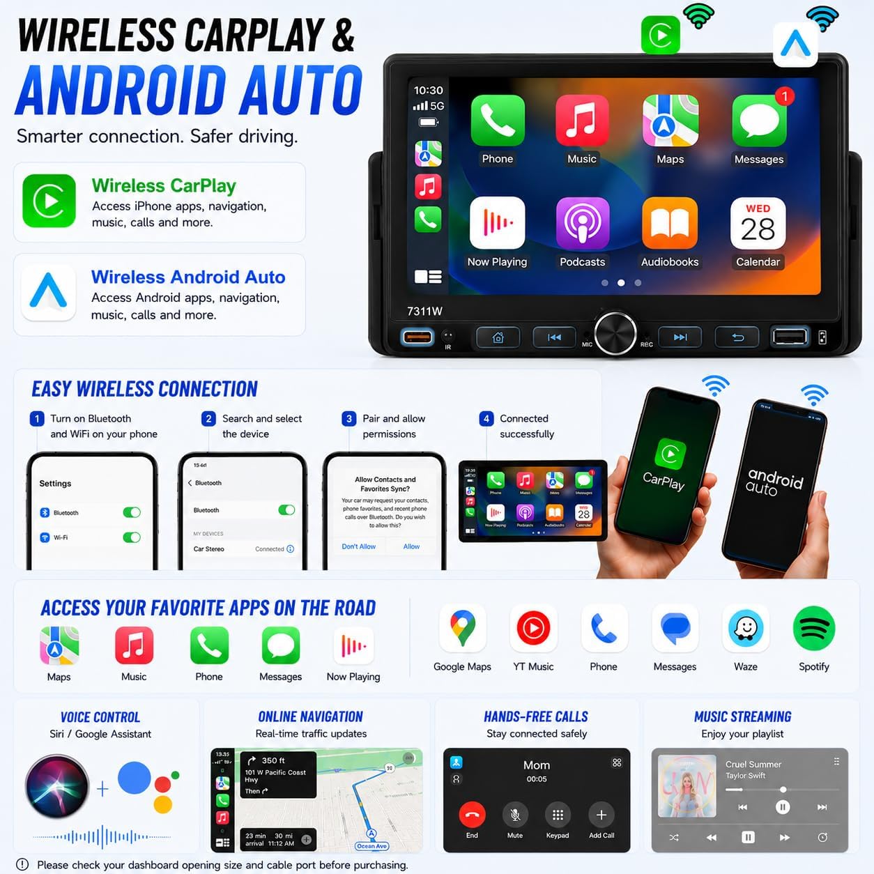 7" Single Din Car Stereo with Wireless Apple CarPlay,IPS Touchscreen,Bluetooth 5.2 Car Radio with Backup Camera,FM/AM/RDS,Android Auto,SWC,GPS Navigation,USB,Type-C Fast Charging