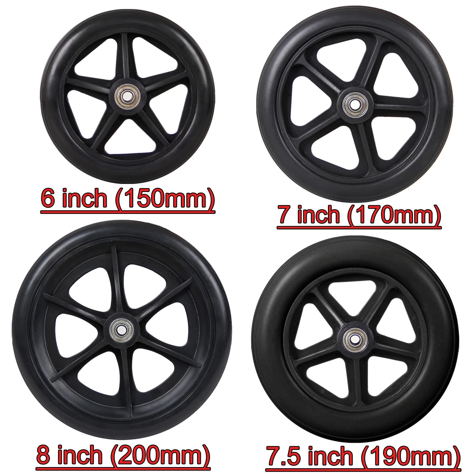 2 ruedas delanteras para silla de ruedas con neumáticos macizos de 6, 7, 8 pulgadas, ruedas delanteras de 2 pulgadas de ancho de cubo de repuesto para silla de ruedas, accesorios de goma