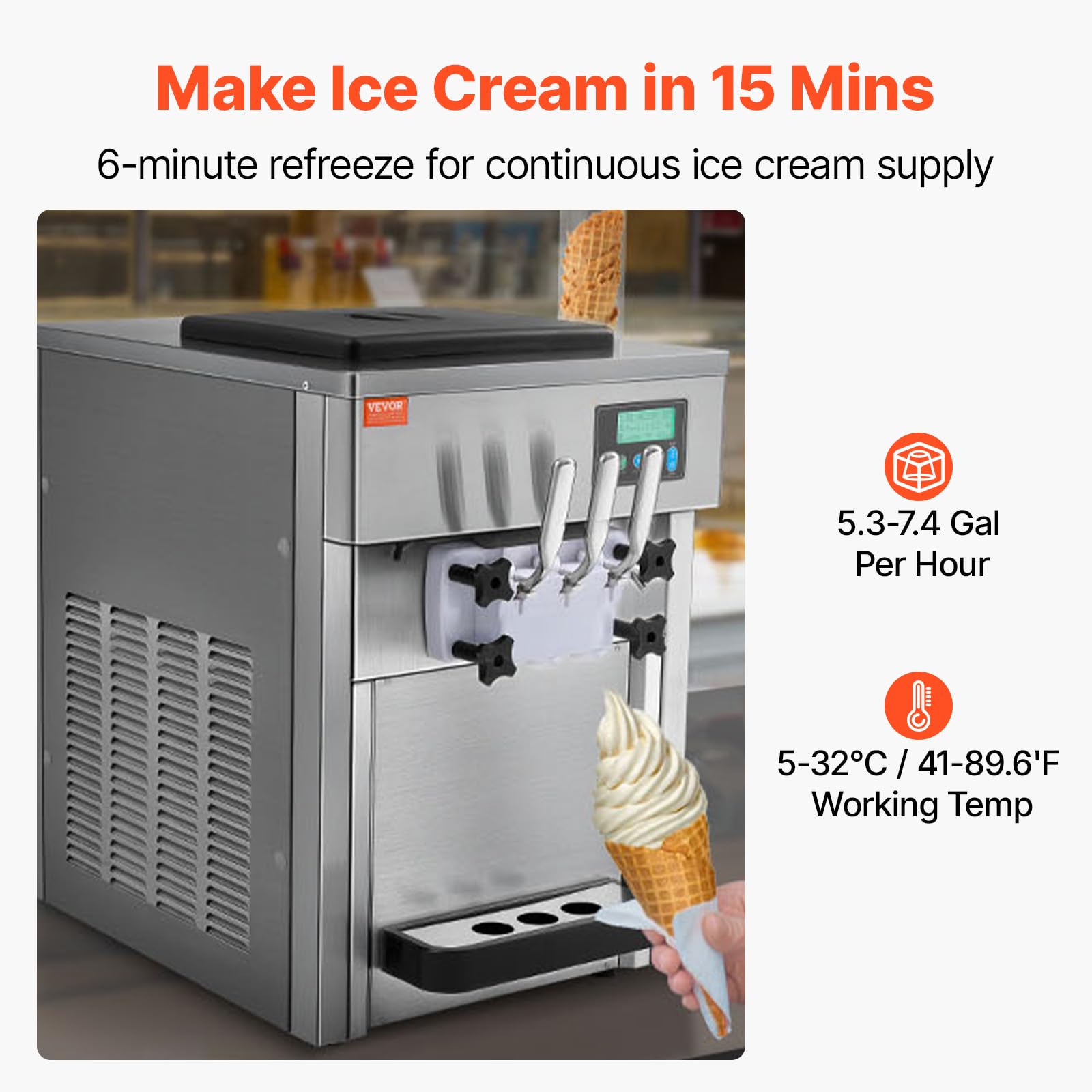 VEVOR Kommerzielle Eismaschine, 1800 W, 3-Geschmacksrichtungen, Softeismaschine Arbeitsplatte, 2 x 4 L Trichter, 2 x 1,8 L Zylinder, LCD-Bildschirm, Automatische Reinigung, Vorkühlung