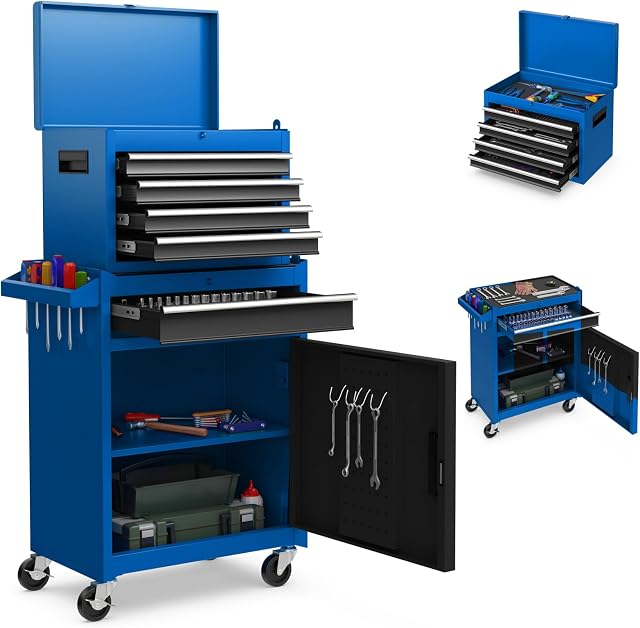 DORTALA Rolling Tool Chest Cabinet, Tool Box Organizer with 5 Sliding Drawers, Locking System, Toolbox Storage Cabinet on Wheels for Garage Workshop, Blue+Black