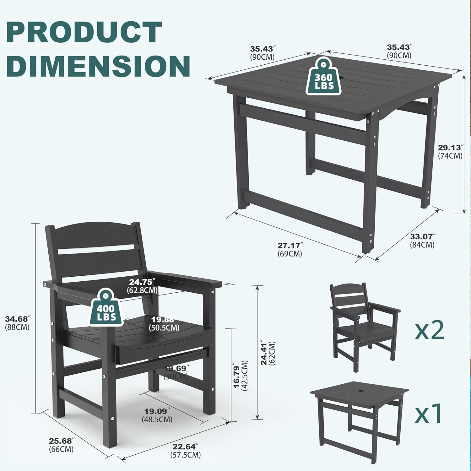 3-Piece HIPS Patio Dining Set, Outdoor Dining Table and Chairs Set with Umbrella Hole, Weatherproof Dining Table Set for 2 Person, Patio Furniture Set for Outside Deck, Black