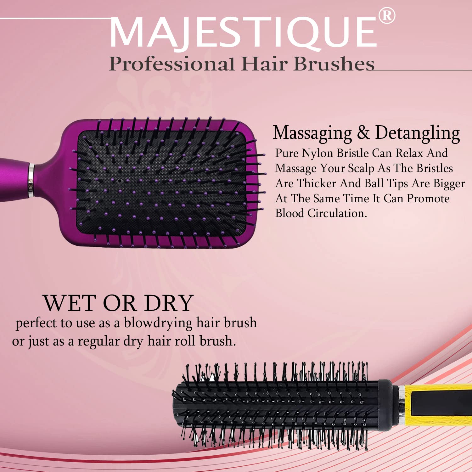 Majestique Hair Brush Set, Paddle Hair Brush, Round Hair Brush for Blow Drying Men and Women, Great On Wet or Dry Hair, No More Tangle Hairbrush for Long Thick Thin Curly Natural Hair-Purple 3