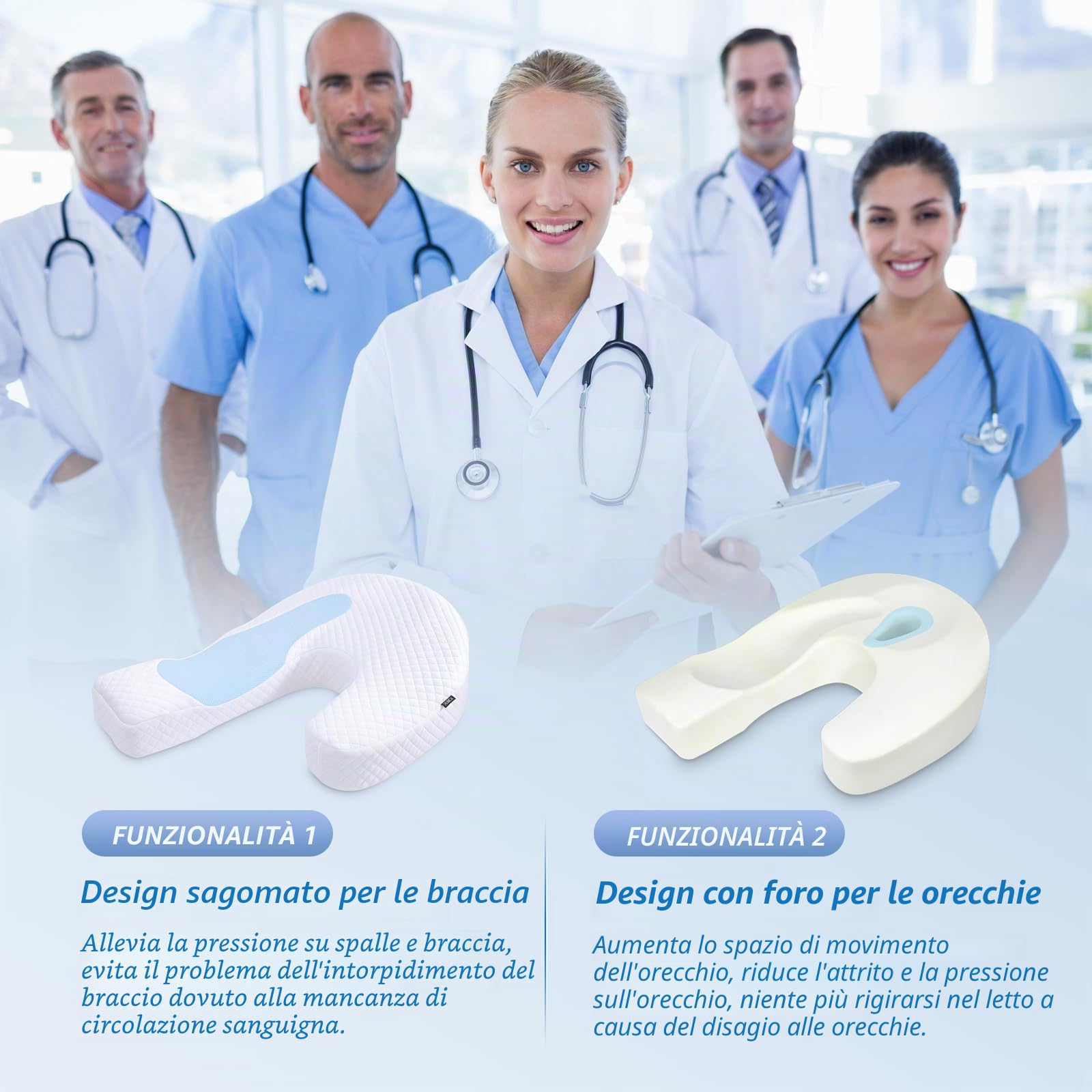 HOMCA Cuscino Memory Foam U-Forma per Dormire Laterale, Bianco, 60x45x17 cm | Cuscino Ergonomico, Doppio Lato Utilizzabile e Foro per l’Orecchio, per un Supporto Ottimale di Collo e Spalle