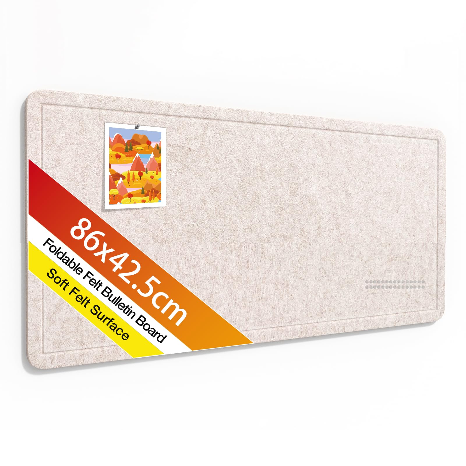 Rdutuok Bulletin Board,86x42.5cm Foldable Decorative Felt Pin Board Photo Display Board with Self-Adhesive Tape, Decorative Cork Alternative for Wall Includes 20 Push Pins,Oatmeal