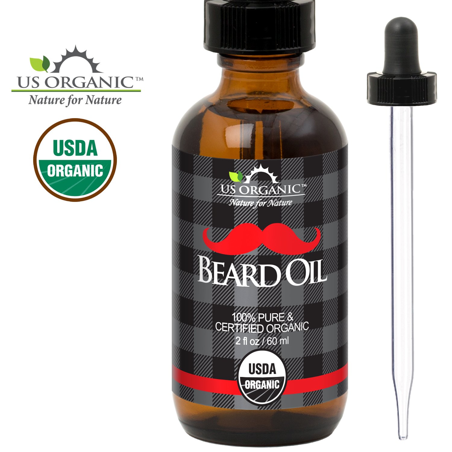 Beard Oil, Big 2oz size - Certified Organic, Premium Grade, Natural Antimicrobial Properties, Made in the USA. Amber Glass Bottle w/ Glass Eye Dropper for Easy Application, Best for Movember by US Organic