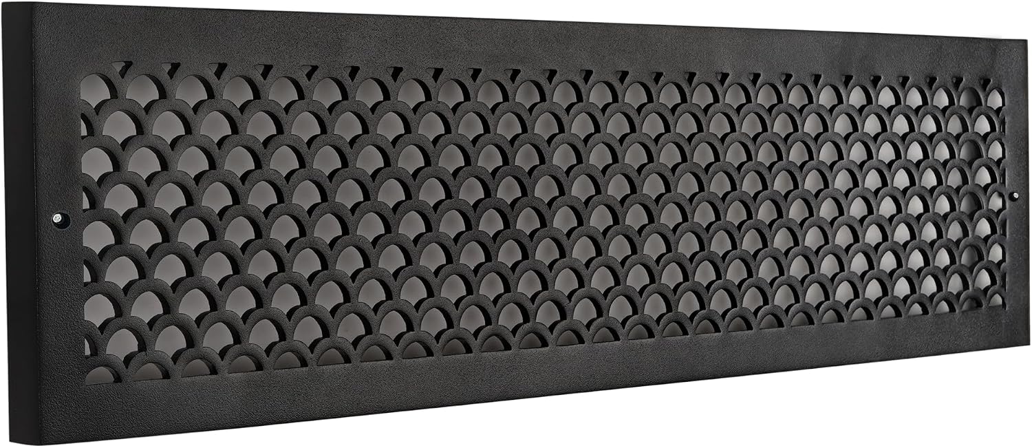 Scallop 6"x 28" Duct Opening Solid Cast Aluminum Baseboard Register Grill Vent Cover | Powder Coated| (Overall 8"x 30") for Wall-Black with Screw Holes