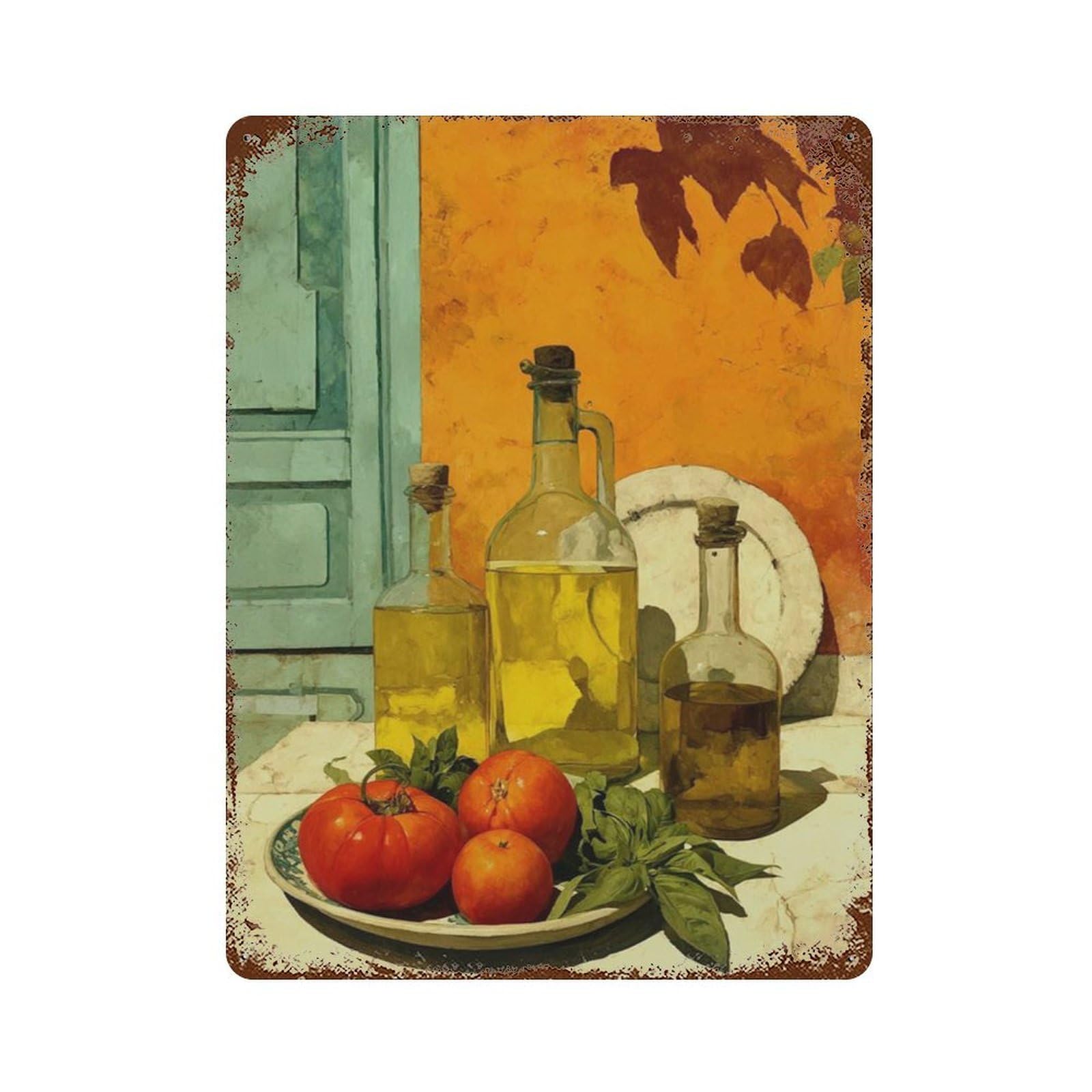 xiaoxiaoshen Mediterranean Still Life Tomato And Olive Oil Rustic Kitchen Painting Wall Decor Art Metal Tin Poster Modern Home Decor Art Home Bar Shop Decorations Vintage Sign 40x30cm