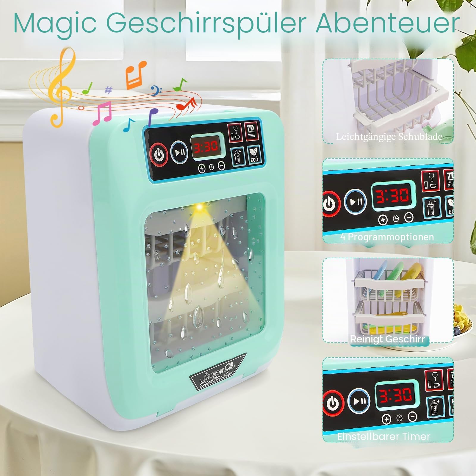 deAO Kinder Küchenset Spielzeug, Geschirrspüler Spielset mit Vielzahl von Zubehör, Sound und Lichtern inklusive Spielzeug für Kinder, Jungen, Mädchen, Kleinkind | Blau
