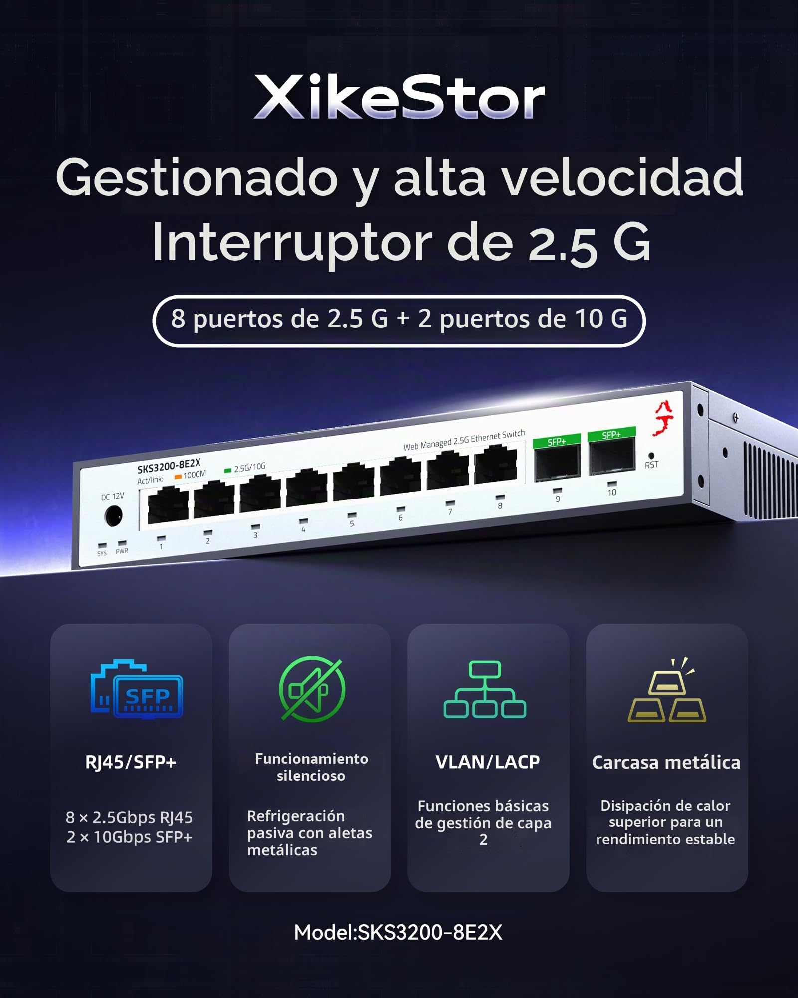 Switch de 8 Puertos 2.5G (Gestión Web, 8 Puertos RJ45 de 100M/1000M/2.5G + 2 Puertos SFP+ de 10G, sin Ventilador, VLAN de Puente, para Escritorio/Rack) - Switch de Red gestionable