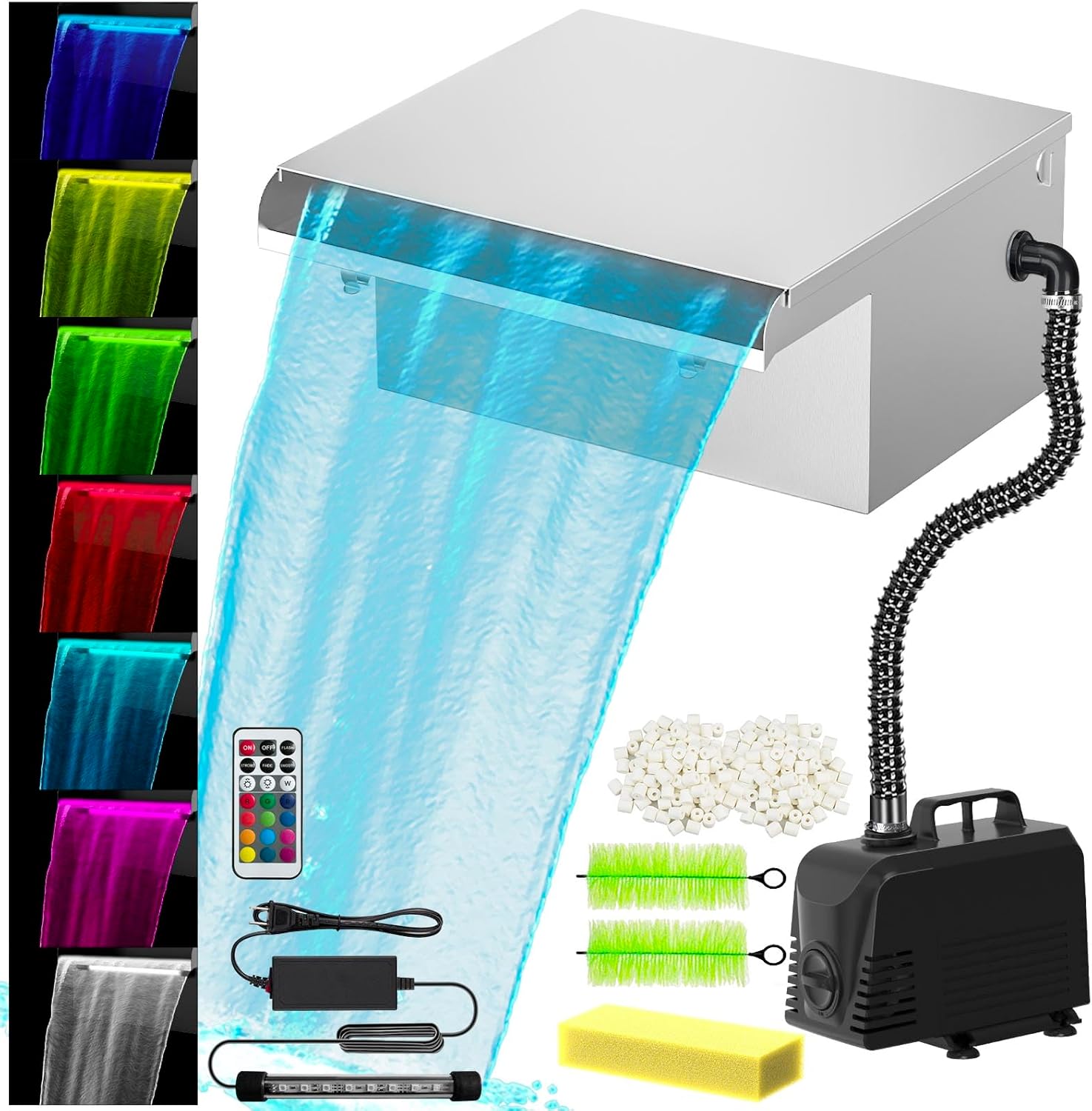 All-in-1 Pond Waterfall Kit with 800GPH Water Pump, 12-inch Stainless Steel Spillway with LED Light, 3-Stage Filtration Outdoor Waterfall for Garden, Backyard, Pool, Water Feature