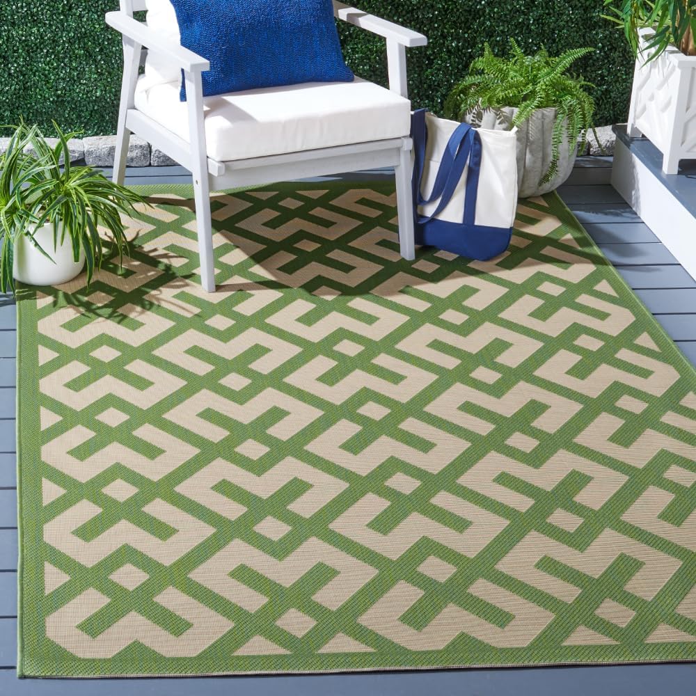 SAFAVIEH Washable Rug Outdoor Courtyard Collection - 6'7" x 9'6", Beige & Green, Non-Shedding & Easy Cleaning, Ideal for Patio, Backyard, Mudroom (CY6915-244)