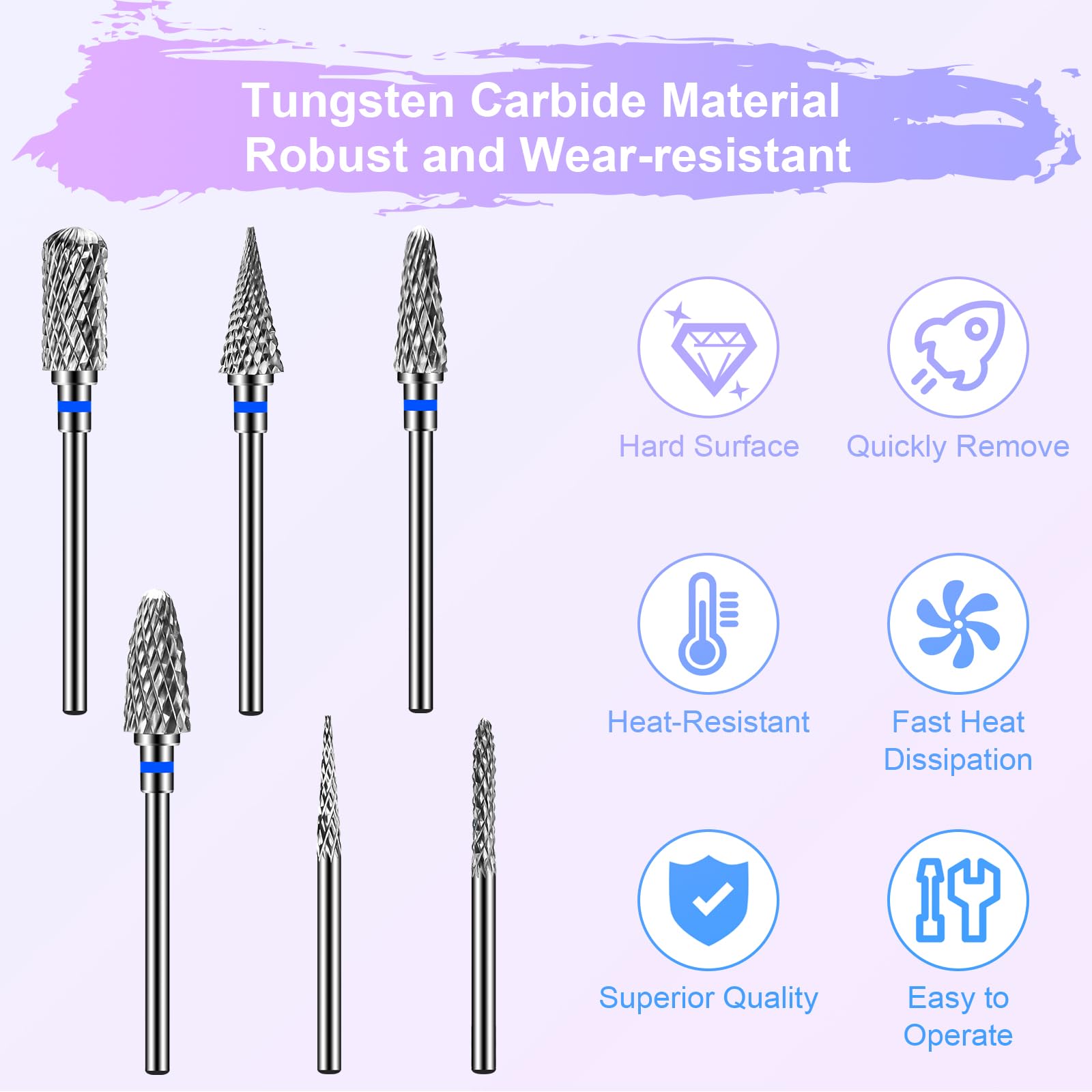 CGBE Punte Fresa Unghie, 6 Pezzi Fresa per Unghie Allegati Teste di Rettifica Macchina in Carburo per Manicure Rimuovere Acrilico o Gel duro Polygel, 3/32 Pollici Punte Fresa Unghie Professionale.