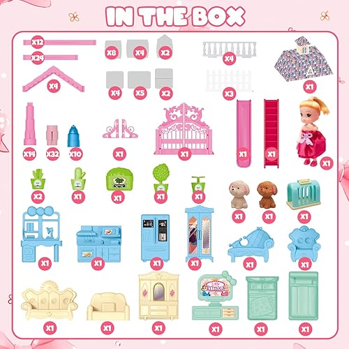 Miniatura 8 de JoyZin Casa de muñecas de 191 piezas de casa de ensueño para niñas, juego de casa de juegos de princesa de 8 habitaciones con muñecas, muebles,