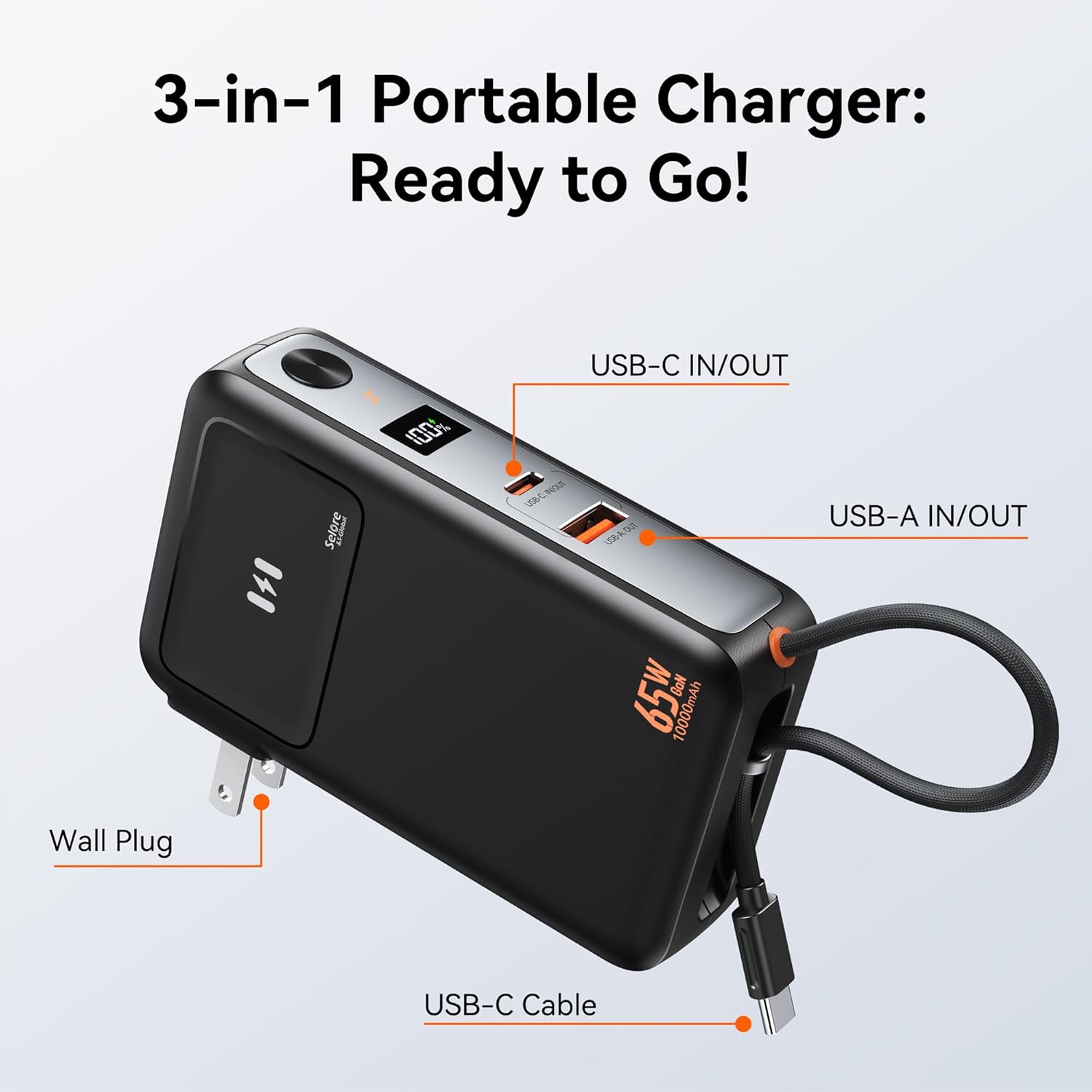 Selore&S-Global 3 in 1 Portable Phone Charger with Wall Plug, 10000mAh USB C Power Bank with Built in Cable, 35W Portable Battery Pack for iPhone Samsung Android & 65W Wall Charger for Laptop MacBook - Image 7