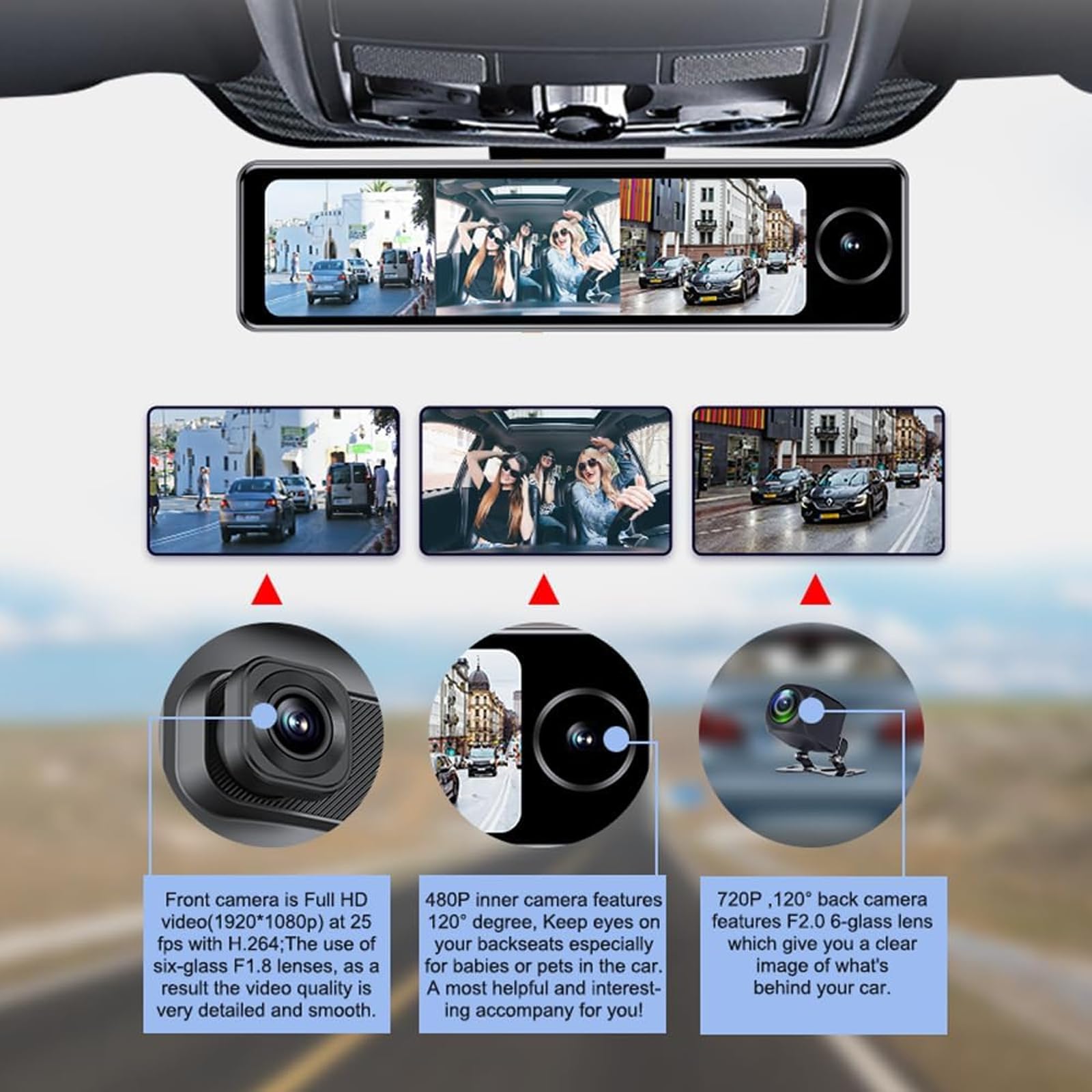 10.88”IPS Screen Rearview Mirror with OEM Bracket Dash cam 3 Channels Cameras Front Inside Rear Triple Lens Android 10.0 OS ADAS GPS Navigation WiFi SOS Key 4G LTE Security Cam for Cars
