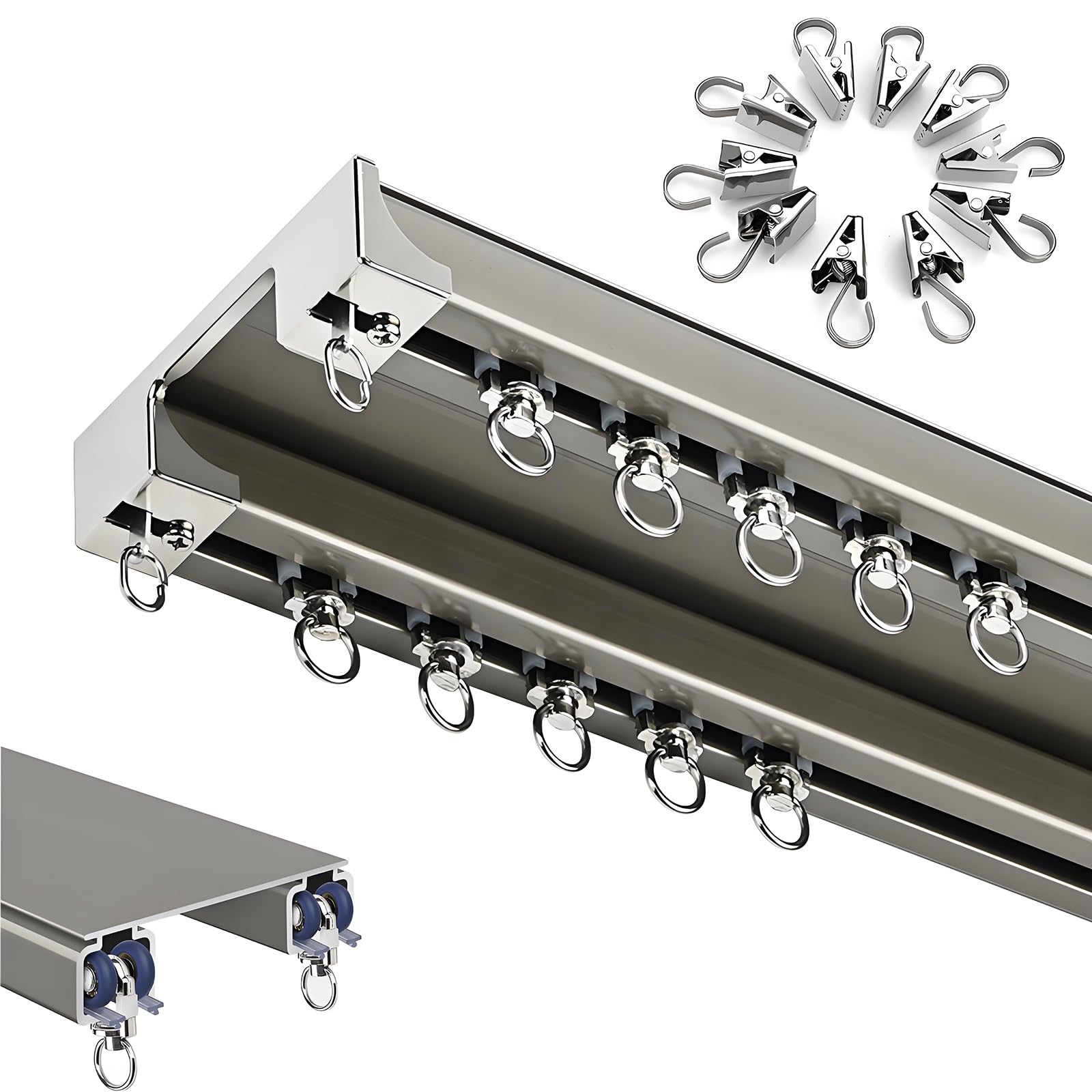 Doppelte Vorhangstangen Deckenmontage, Vorhangschiene Aus Aluminium mit leiser Gleitfunktion, Gardinenschiene mit Gardinen Clips für Wohnzimmer Schlafzimmer Vorhänge(Champagne,90cm)
