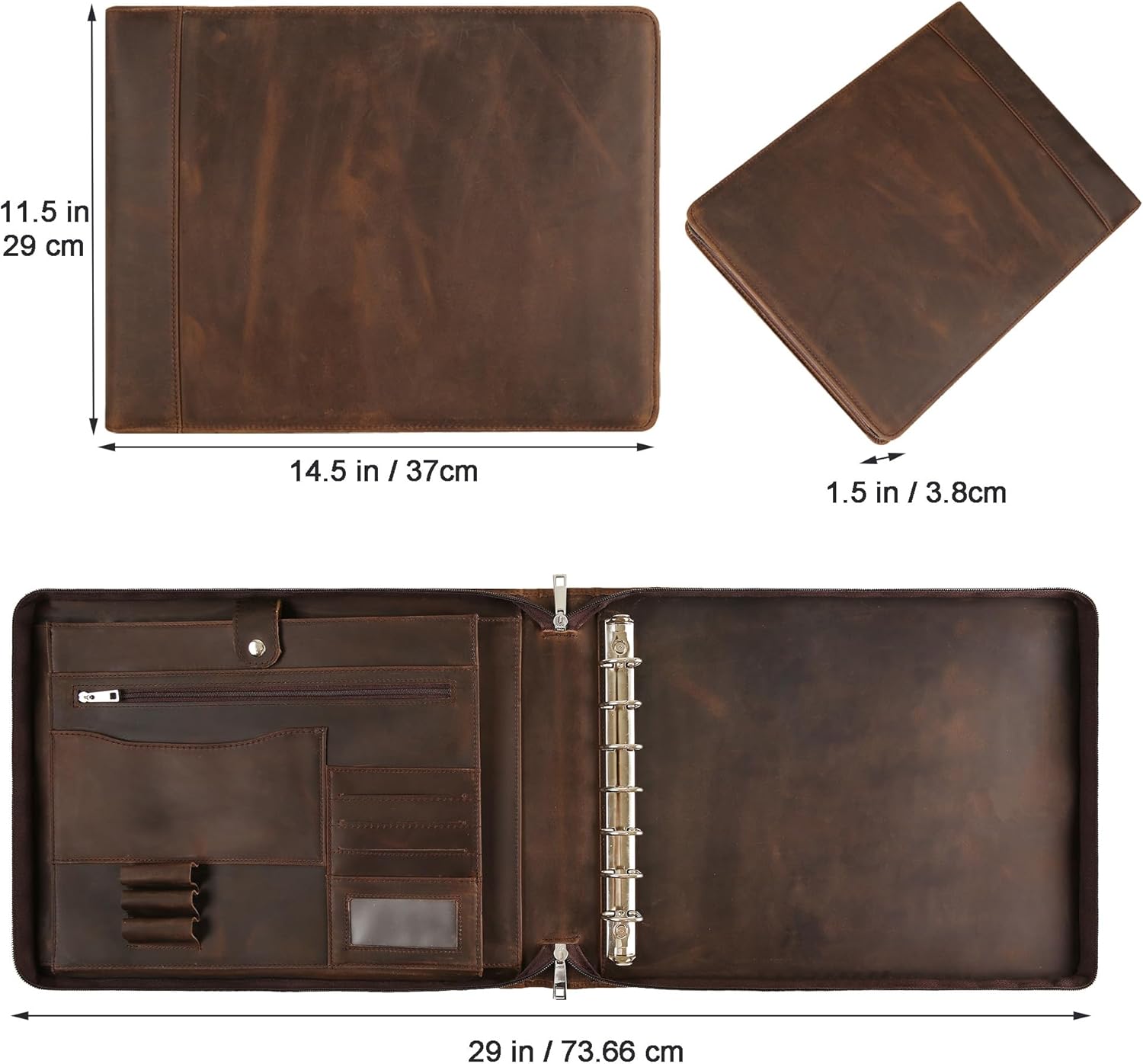 Leather Business Checkbook Binder - 7 Ring Zippered Binder with Check Book Holder for 3 Per Page, 600 Checks Capacity for 9 x 13 inch Sheets, Dark Khaki
