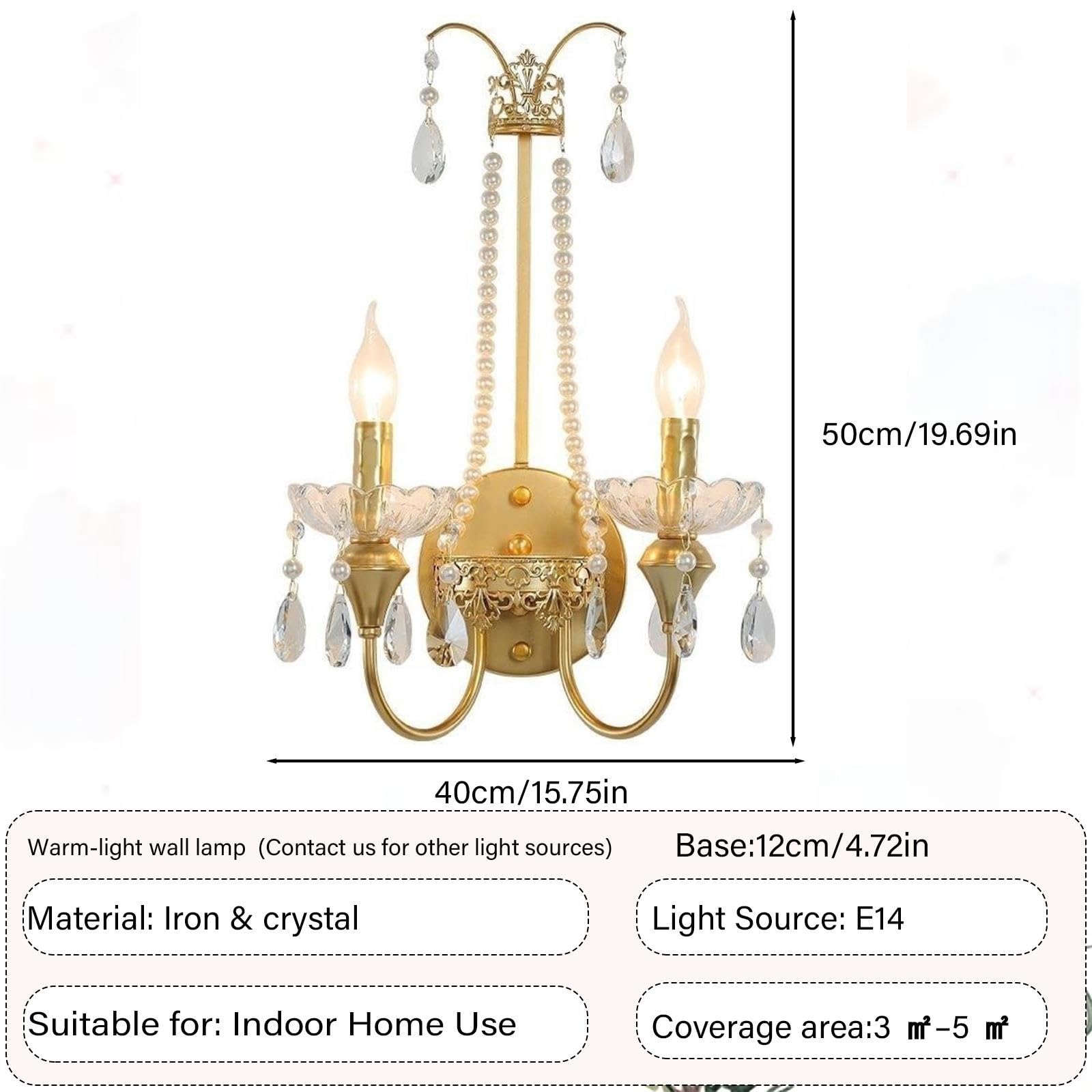 Lámpara De Pared Dos Luces Cristal Adorno Cadena Perlas Estilo Francés