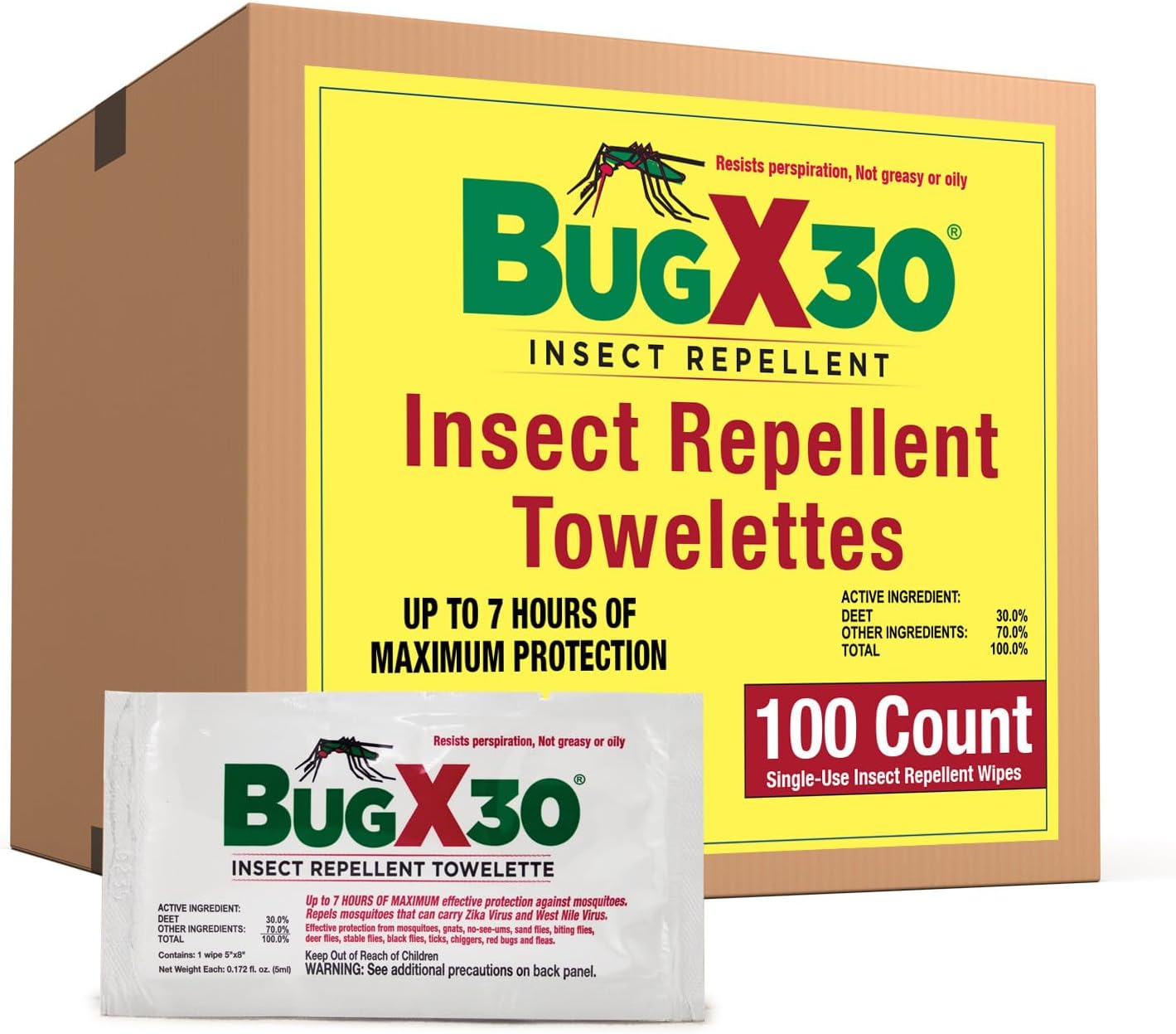 Bug X 30 Mosquito, Tick, & Insect Repellent Wipes with 30 DEET Pack of 100 Single