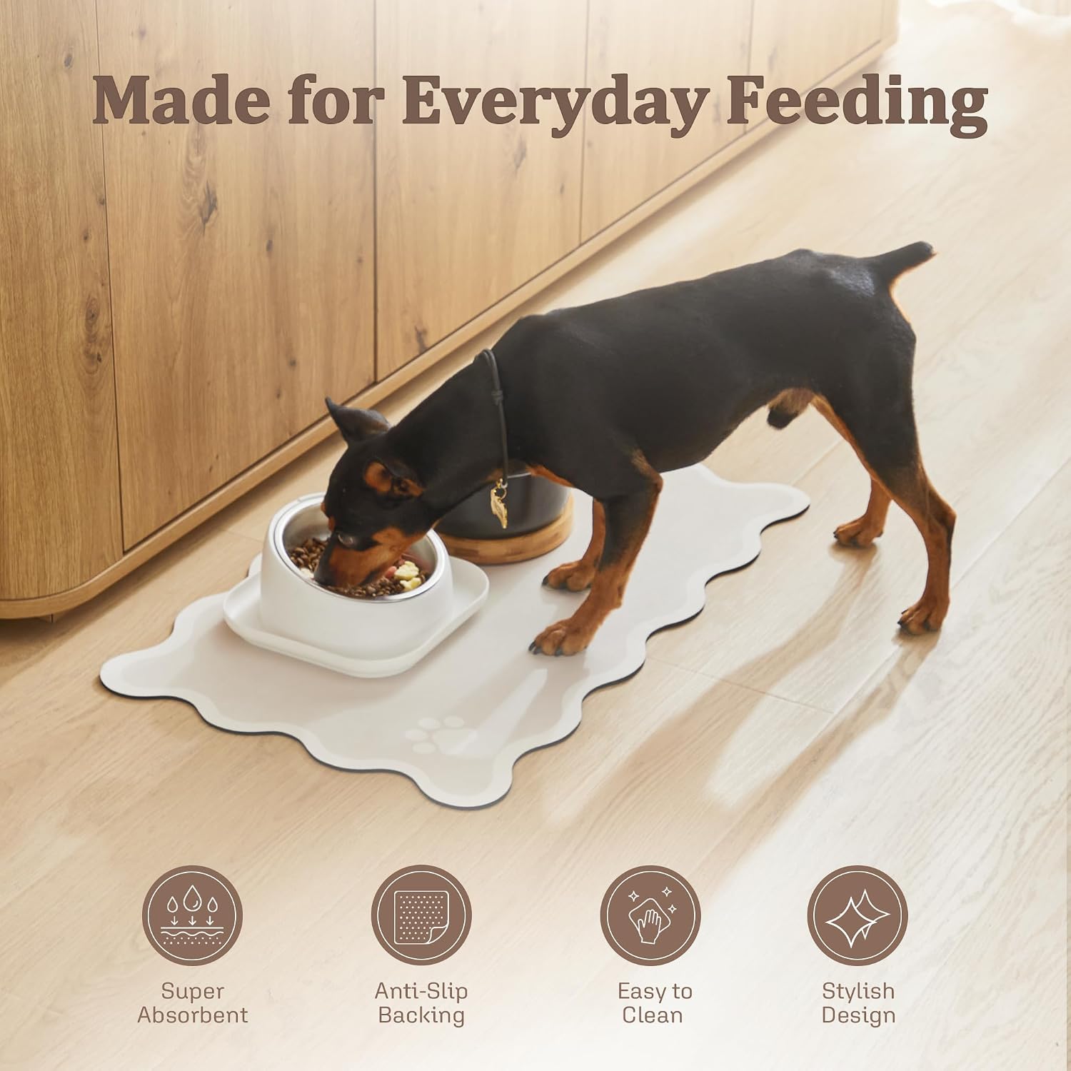 Scalloped Dog Feeding Mat, Absorbent Mats for Dog Food and Water Bowl, Dispenser, Feeder, Trendy Cute Aesthetic Pet Placemat for Dogs, Cats, Puppy Accessories Beige, 15" x 24"