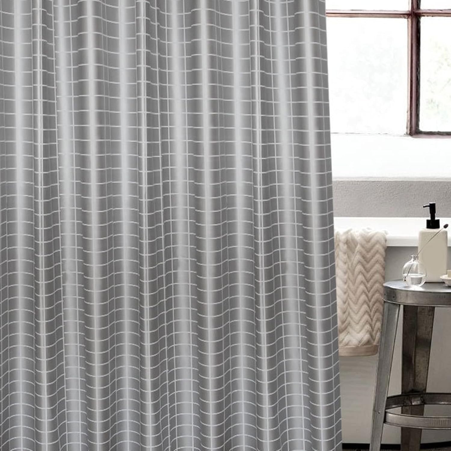 Grey Grid Bath Curtain Set Shower Curtain with Stainless Steel Buckle 12 Hooks 180x180CM for Dorm Hotel Home