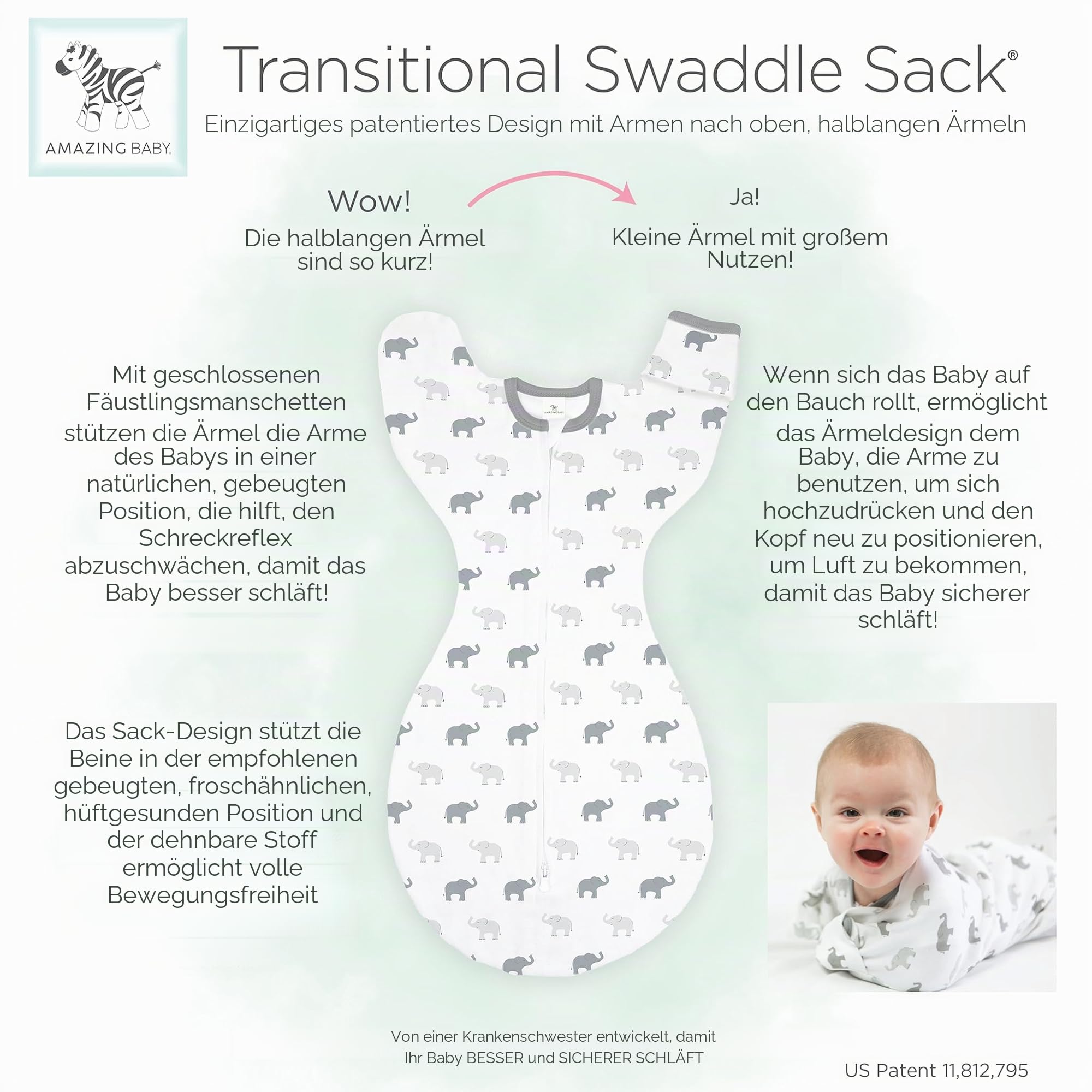 Amazing Baby Übergangs-Pucksack Baby, Pucktuch & Puckschlafsack für Neugeborene mit Arme-nach-Oben-Design, halblangen Ärmeln & Fäustling-Bündchen, M, 3-6 Monate, Confetti