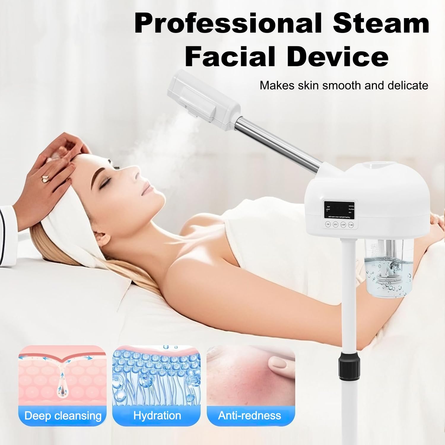Standing Ozonzerstäubung Gesichtsdampfer, 42℃ Dampfmaschine Face Steamer Facial Multifunktions mit 360 Grad Drehbare Düse und LCD-Bedienfeld, Gesicht Dampfgerät Professionelle für Salon und Zuhause