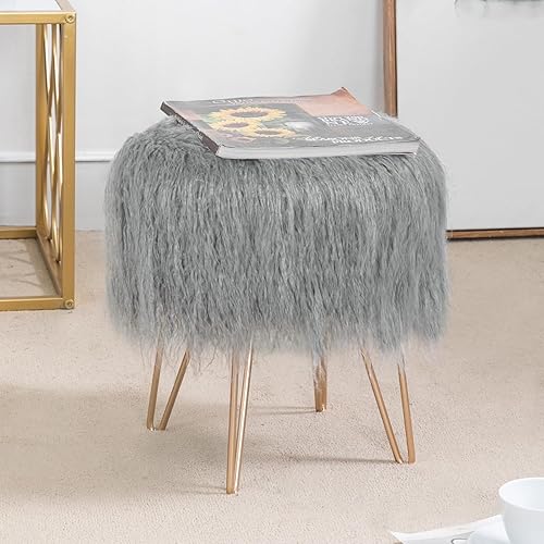 Miniatura 10 de Adeco Taburete otomano redondo de piel sintética con patas de metal, reposapiés suave y peludo, asiento acolchado, muebles decorativos tapizados