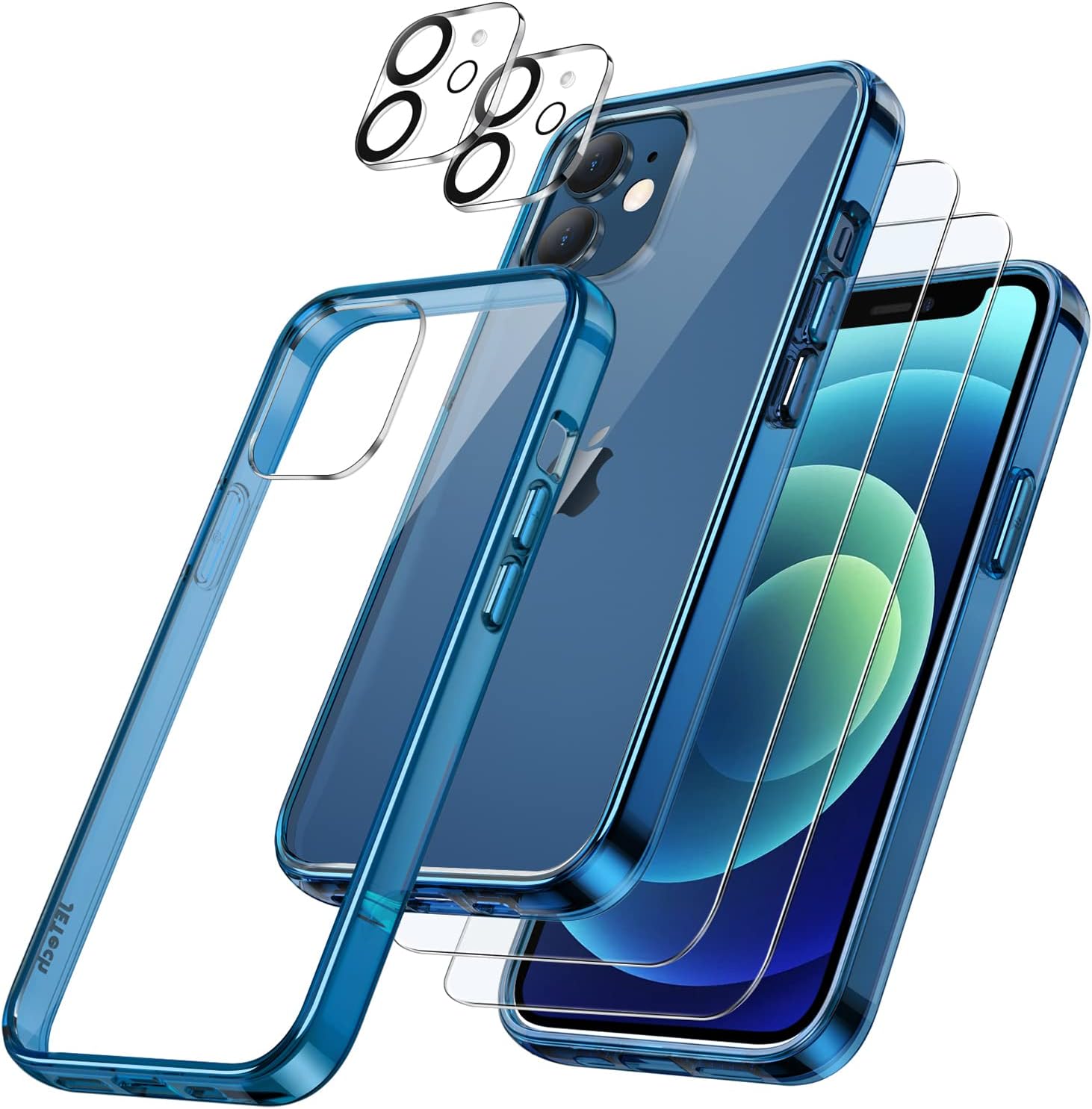 JETech 3 in 1 Case for iPhone 12 Mini 5.4-Inch, with 2-Pack Screen Protector and 2-Pack Camera Lens Protector, Full Coverage Tempered Glass Film, Shockproof Bumper Phone Cover (Navy)