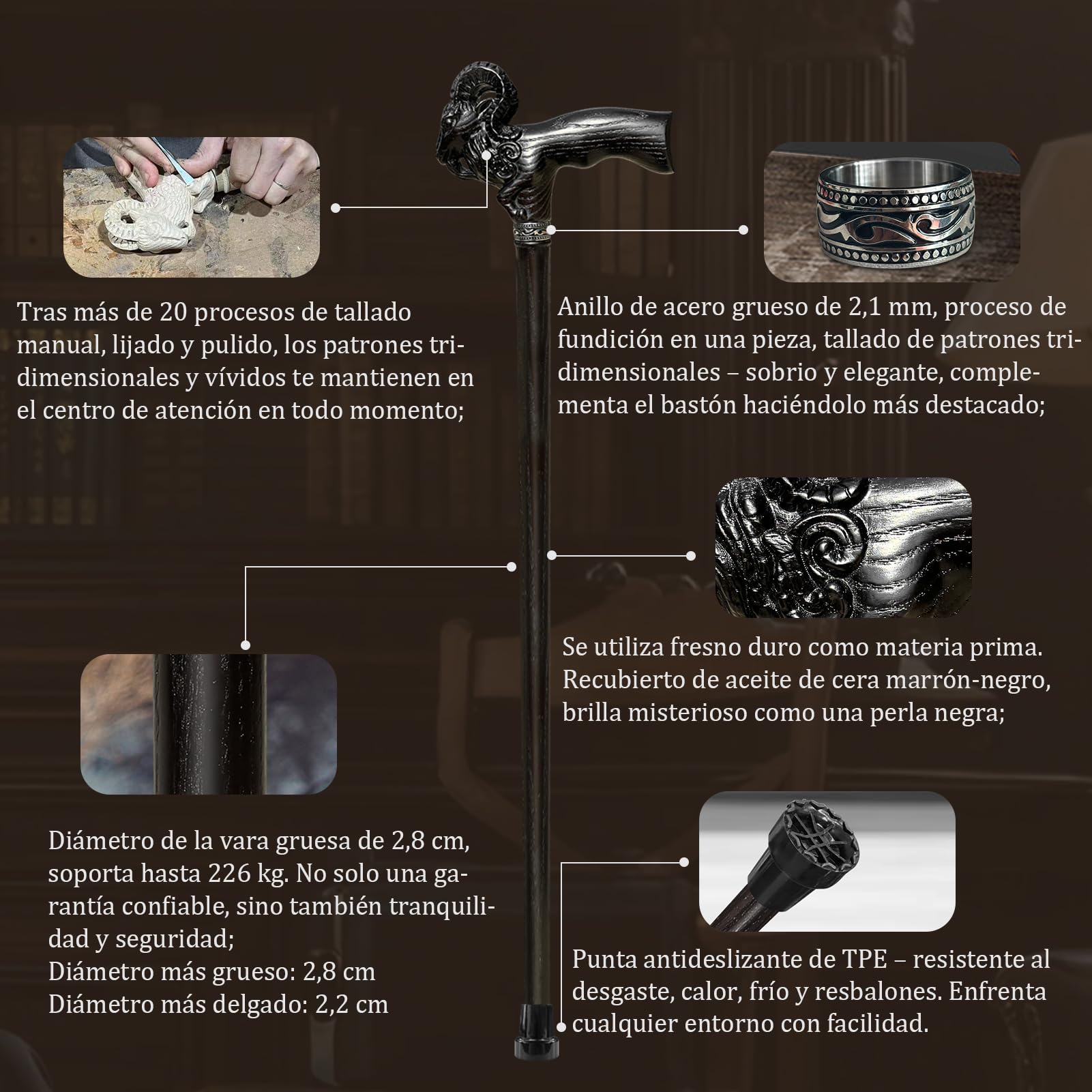 Bastón de madera tallada a mano, ultraligero, 0,4 kg, capacidad de carga de hasta 216 kg, bastón de madera maciza de alta calidad para personas mayores con 3 extremos para senderismo urbano