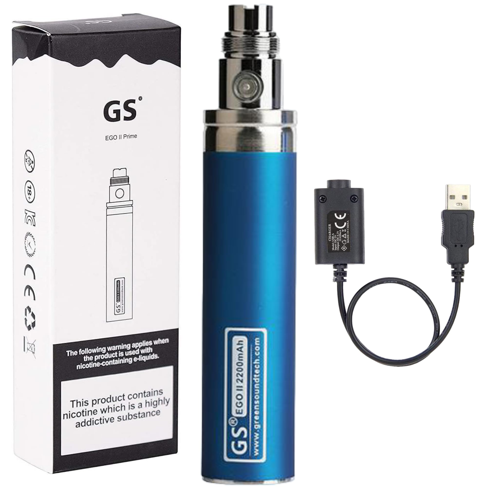 GS EGO II Prime 2200mAh Rechargeable Battery GreenSound Bottom Micro USB  Charge 510 Ego Charge 510 E-Shisha E-Cigarette Nicotine Free (Blue):  Amazon.co.uk: Electronics & Photo