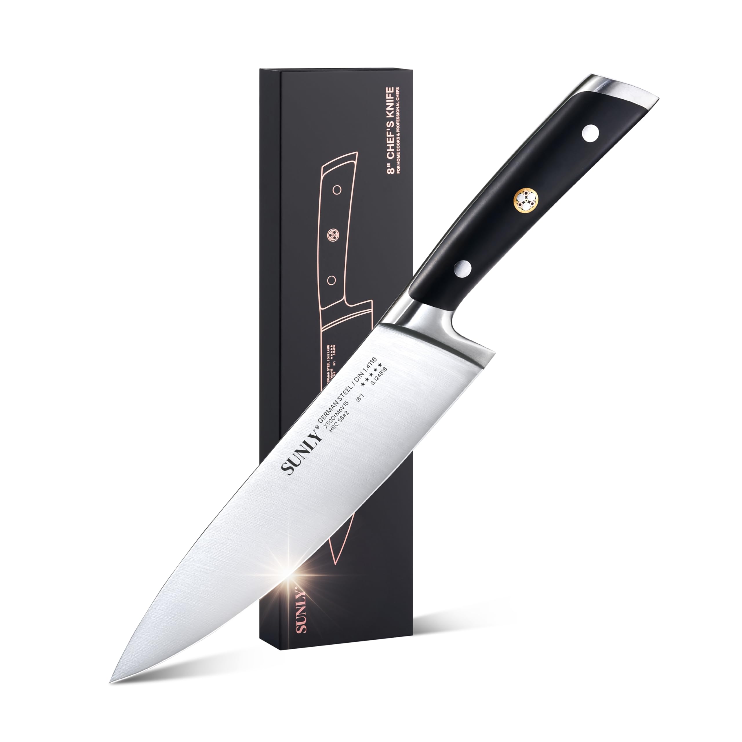 SUNLY Chef Knife, 8 Inch Professional Kitchen Knife with German 1.4116 Stainless Steel, 58±2 HRC Hardness, Full-Tang Design, Anti-Slip Handle for Meat, Fruits, Vegetables, Gift-Ready Magnetic Box