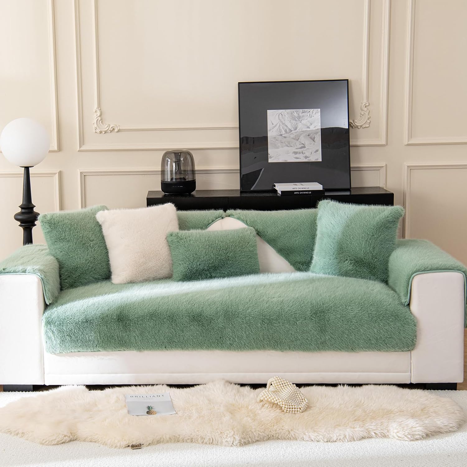 Luxury Soft Warm Couch Cover Faux Mink Fur Plush, Non-Slip Dogs Couch Sofa Slipcovers,Washable Sofa Cushion Covers Sofa Protectors for RV/Living Room (Green,cushioncover18X18in)