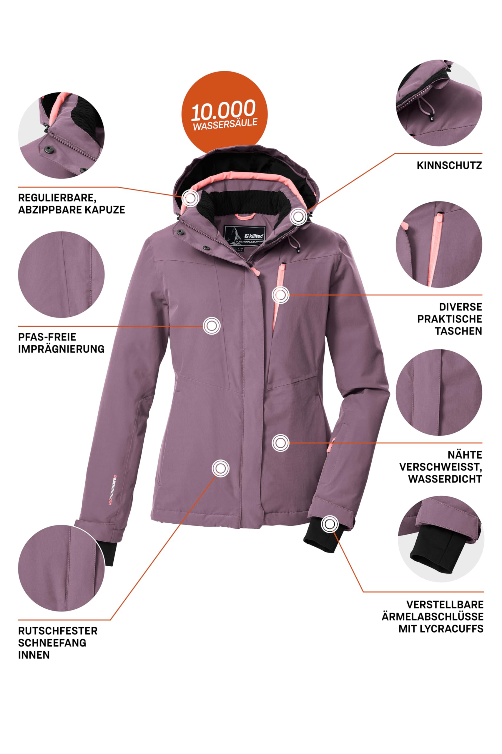Killtec Damen Ksw 25 Wmn Ski Jckt Skijacke/Funktionsjacke mit abzippbarer Kapuze und Schneefang