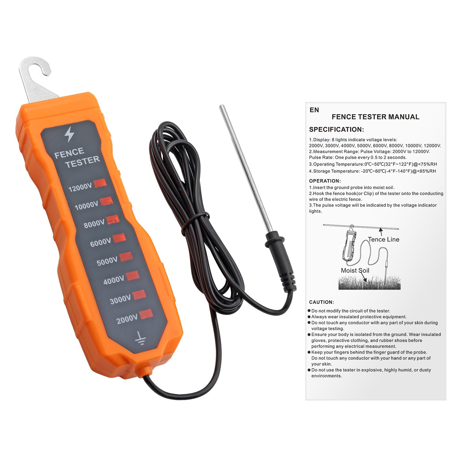 Neoteck Tester per Recinzione Elettrica 2K-12KV con 8 Spie Neon Tester Recinto Elettrico Senza Batteria in ABS per Controllo Tensione da 2000V a 12000V su Fili e Nastri per Allevamenti, Fattoria