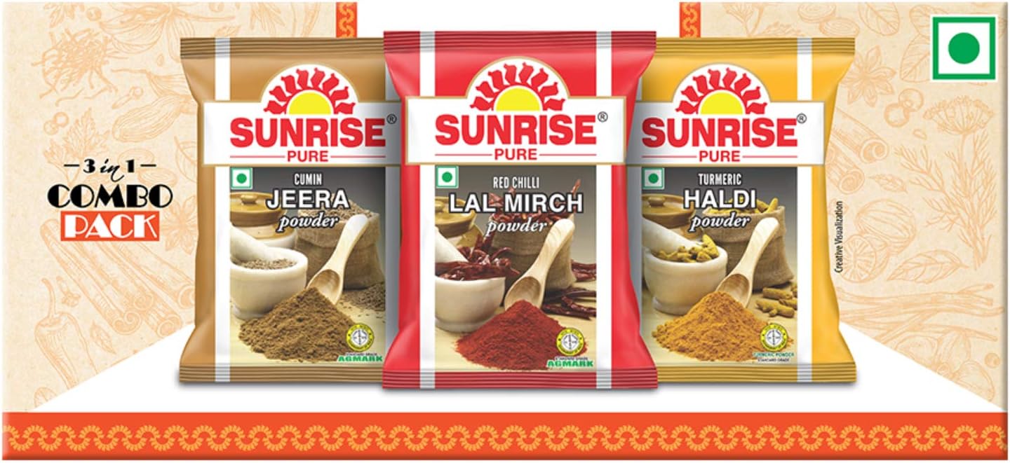 Sunrise Pure 3 In 1 Spices Combo Pack, | Cumin Powder, Red Chilli Powder, Turmeric Powder, 600 g