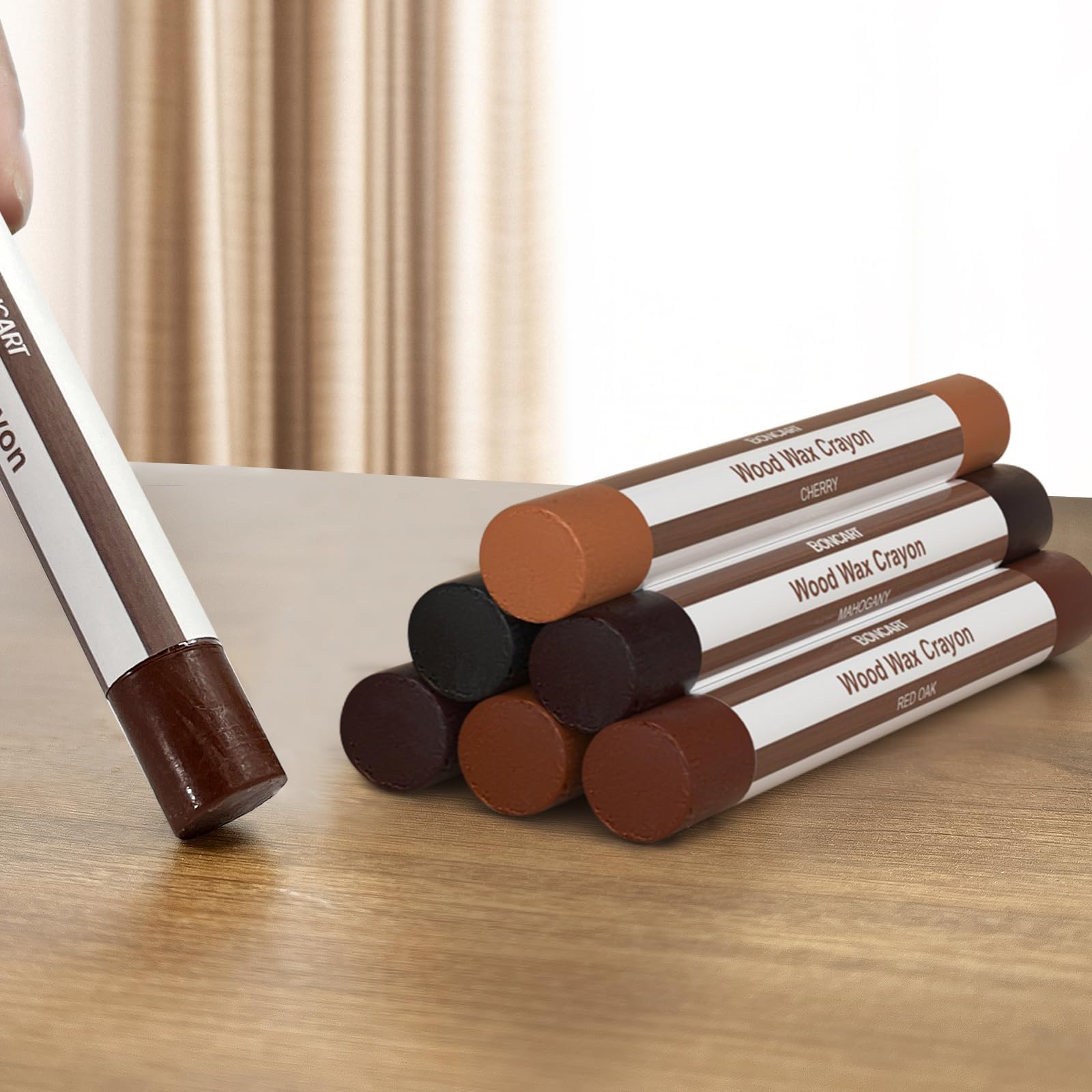 BoncartWood Filler Sticks,6 Colors Wood Wax Crayons for Repairing Scratches, Scuffs, Cracks, and nail Holes on Wood Furniture, Floors, Cabinets, Tables, and Doors