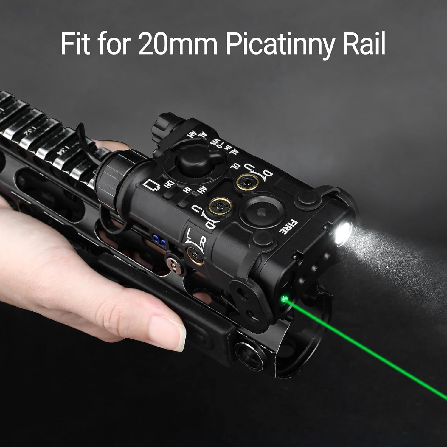 Airsoft Upgrade Metal Tactical PEQ Aiming Laser Sight with LA23 Dual Pressure Switch, 8 Modes with Red/Green+IR+White Light with Brightness Adjust, Fit for 20mm Picatinny Rail AEG GBB CQB