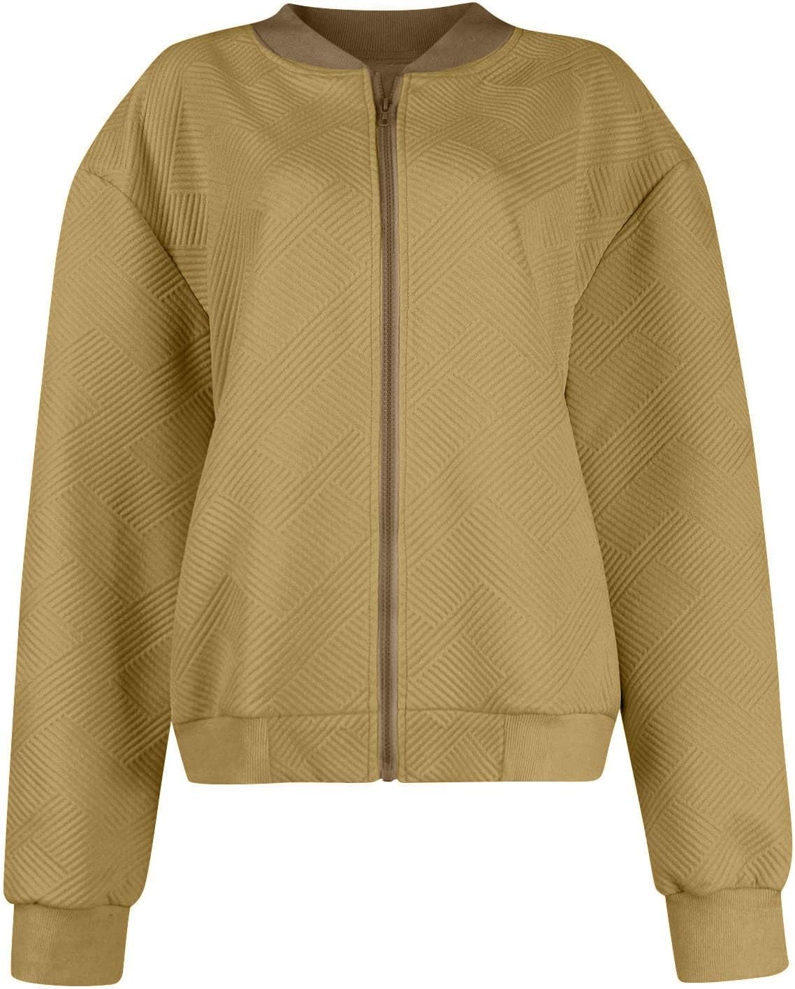 Bomber Jacket Women Lightweight Textured Stand Collar Zip Up Jacket Casual Fall Long Sleeve Shirts Jacket Outerwear