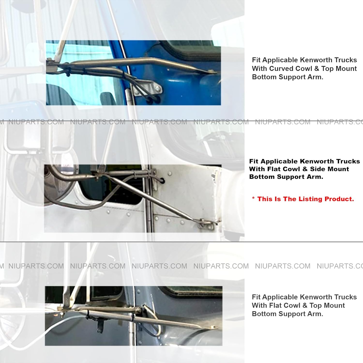 Door Mirror Bracket Arm With Side Mount Lower Support Arm and Flat Cowl Stainless- Driver Side (Fits Kenworth T800 W900B/L T300 T170 270 370)