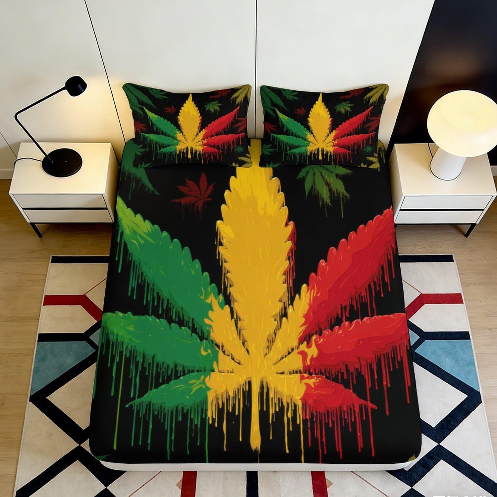3D Printed Reggae Leaf Fitted Sheet Microfiber Soft Multicolor Splash Bed Cover for Bedroom Dorm Decoration 90x200x25cm