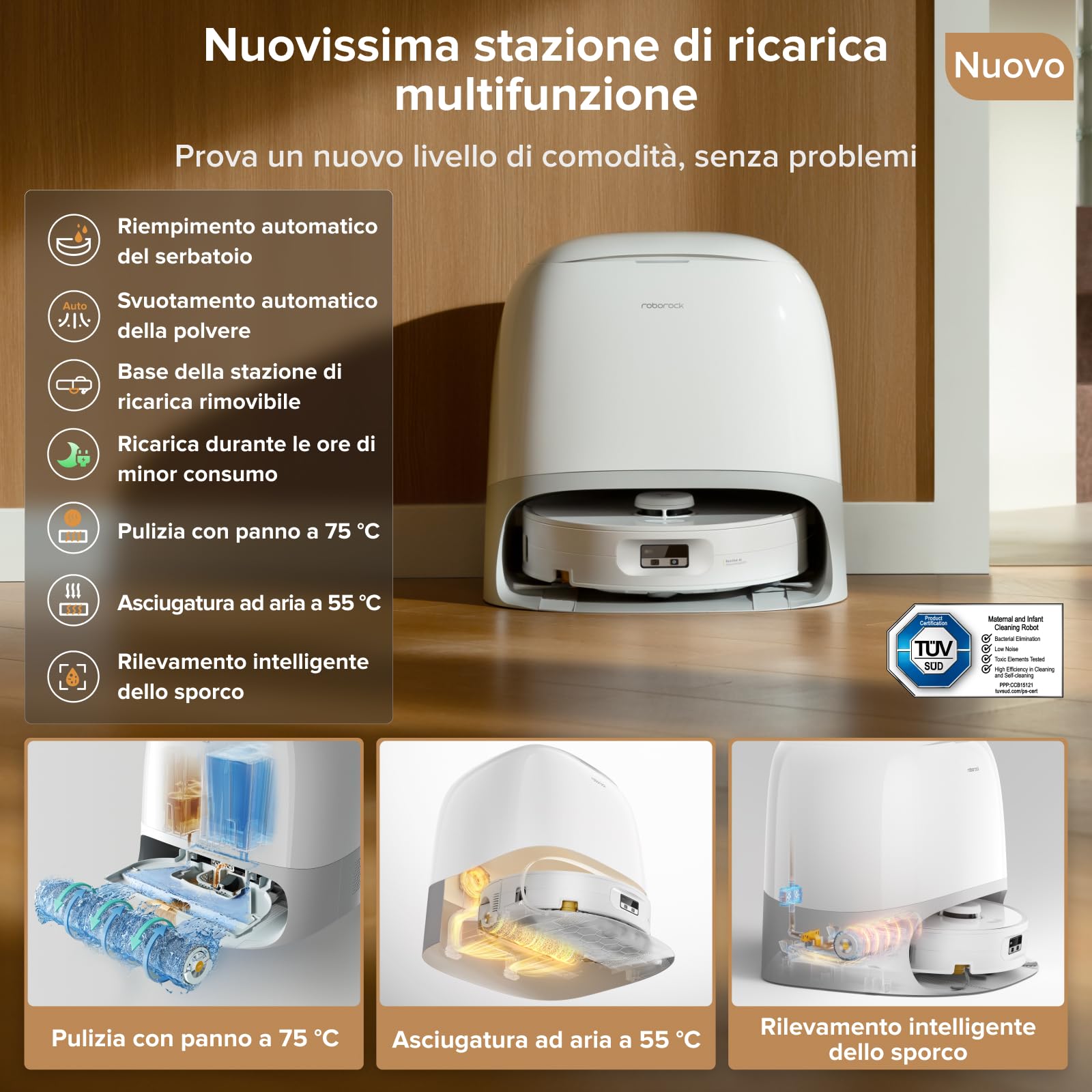 roborock Qrevo Curv 2 Flow Robot Aspirapolvere Lavapavimenti, 270mm Autopulizia Rullo, 20.000Pa, Protezione Rullo per Tappeti Asciutti, Stazione Multifunzionale, Videochiamata, Hello Rocky